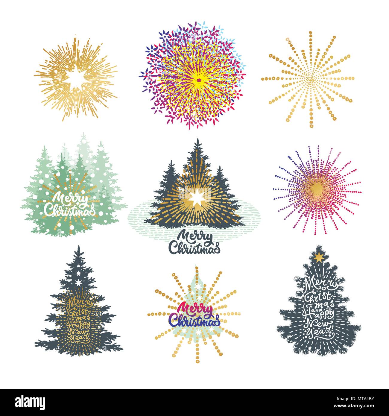 Illustration Vecteur de différents arbres de Noël avec firework Illustration de Vecteur