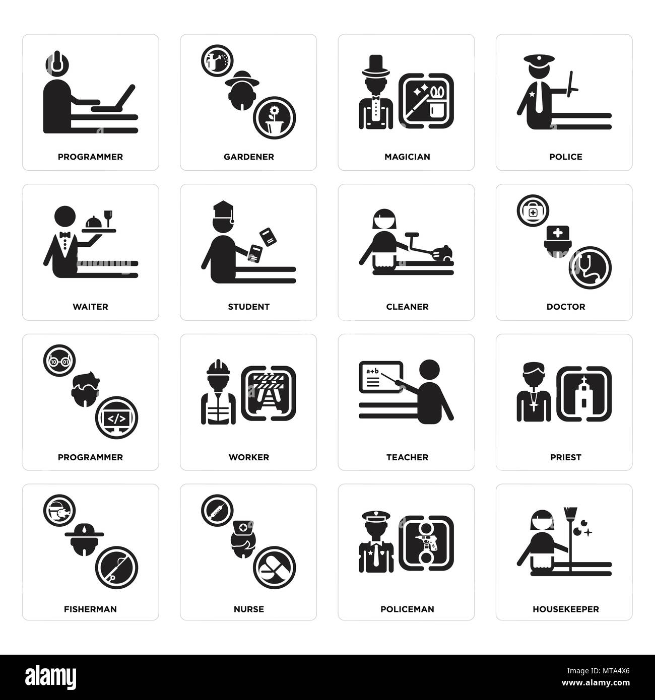 Ensemble de 16 icônes modifiable simple comme gouvernante, policier, infirmière, pêcheur, prêtre, programmeur, serveur, plus propre peut être utilisé pour le mobile, l'interface utilisateur web Illustration de Vecteur