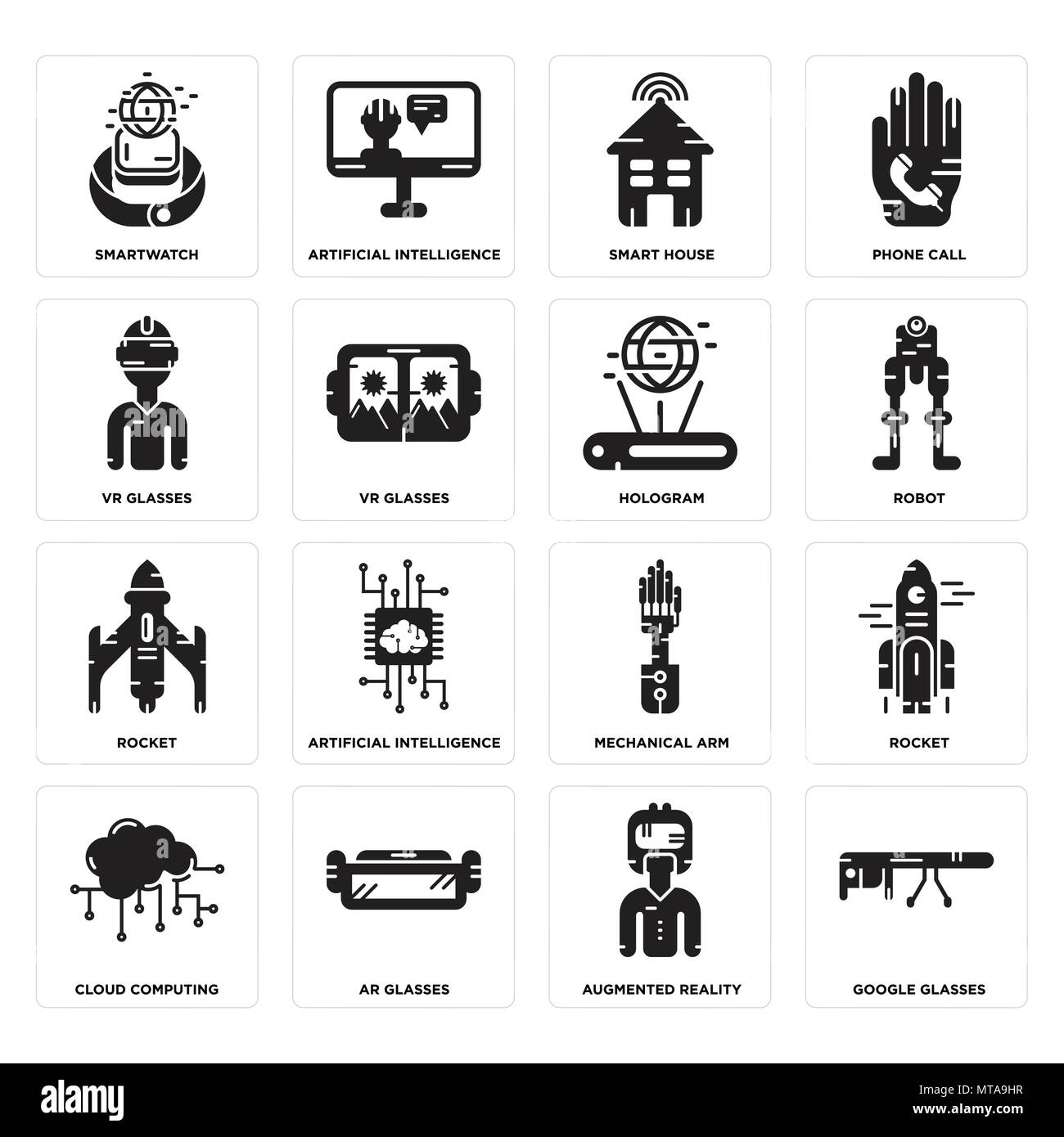 Ensemble de 16 icônes modifiable simple comme Google glasses, réalité augmentée, Ar Cloud computing, fusée, Smartwatch, Vr hologramme peut être utilisé pour le mobile, Illustration de Vecteur