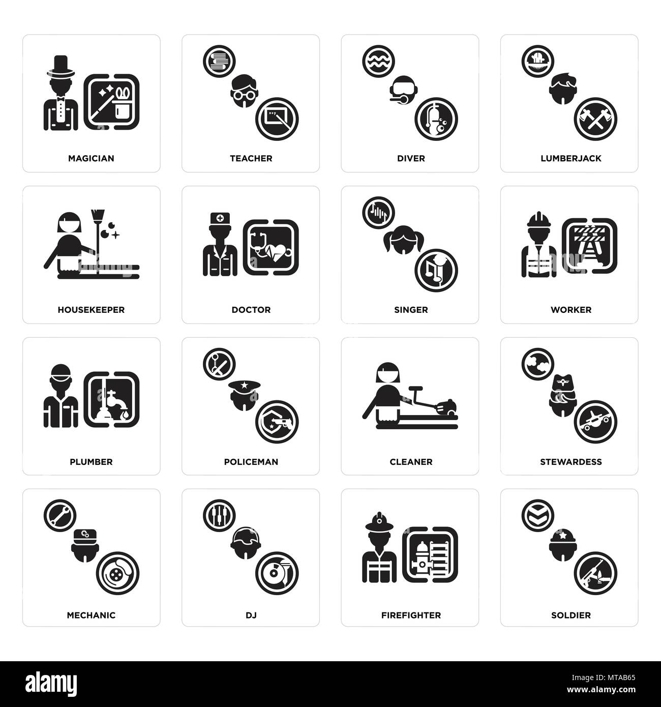 Ensemble de 16 icônes modifiable simple comme soldat, pompier, DJ, mécanicien, hôtesse, magicien, gouvernante, plombier, chanteur peut être utilisé pour le mobile, Illustration de Vecteur