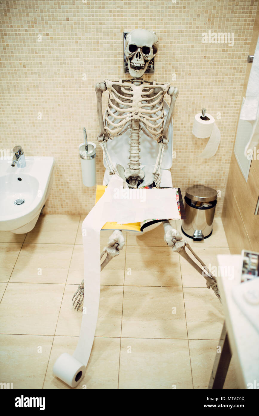 Squelette humain avec livre à la main assis sur les toilettes dans salle de bain, d'humour noir Banque D'Images