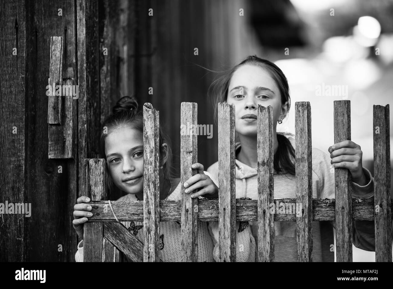 Deux filles mignonnes petites sœurs regarder dehors par derrière une clôture en bois dans le village. Banque D'Images