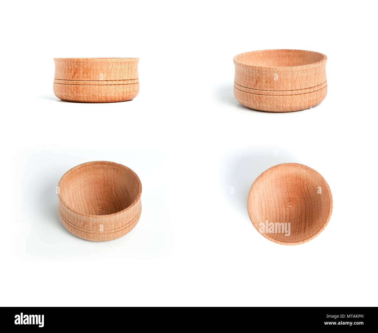 Collection de bol en bois vide sur un fond blanc. Avant, vue de dessus Banque D'Images