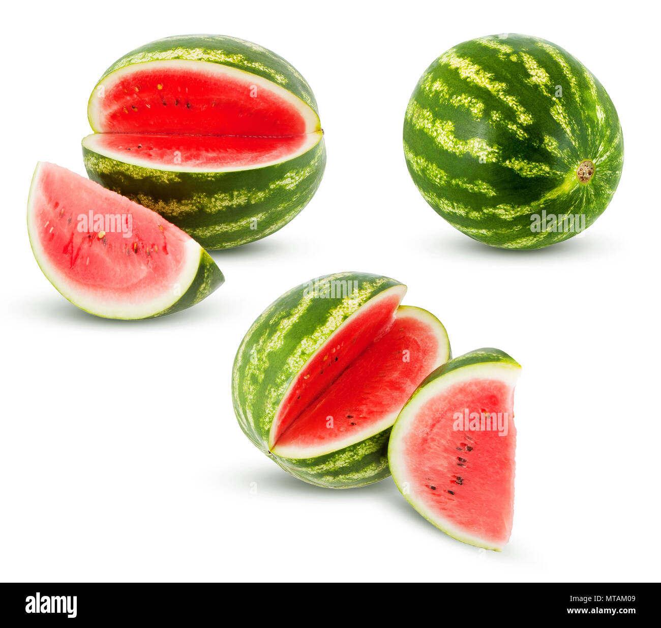 Melon mûrs sur un fond blanc, juteuse tranche de melon, des tranches de pastèque, melon mûr dans différentes perspectives, de pastèque, b Banque D'Images