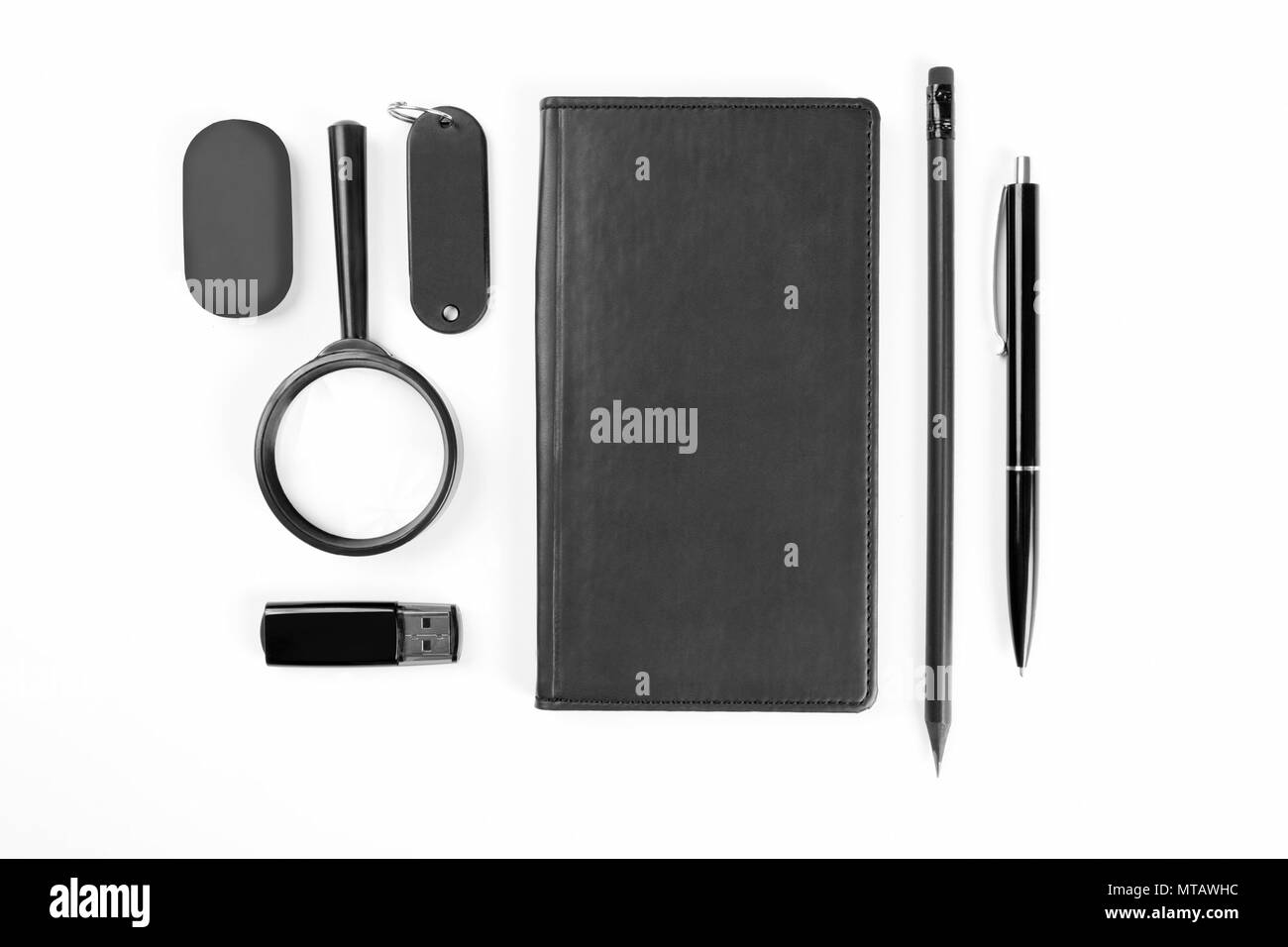 Éléments noirs de l'identité d'ensemble de papeterie de bureau, isolé sur fond blanc Banque D'Images