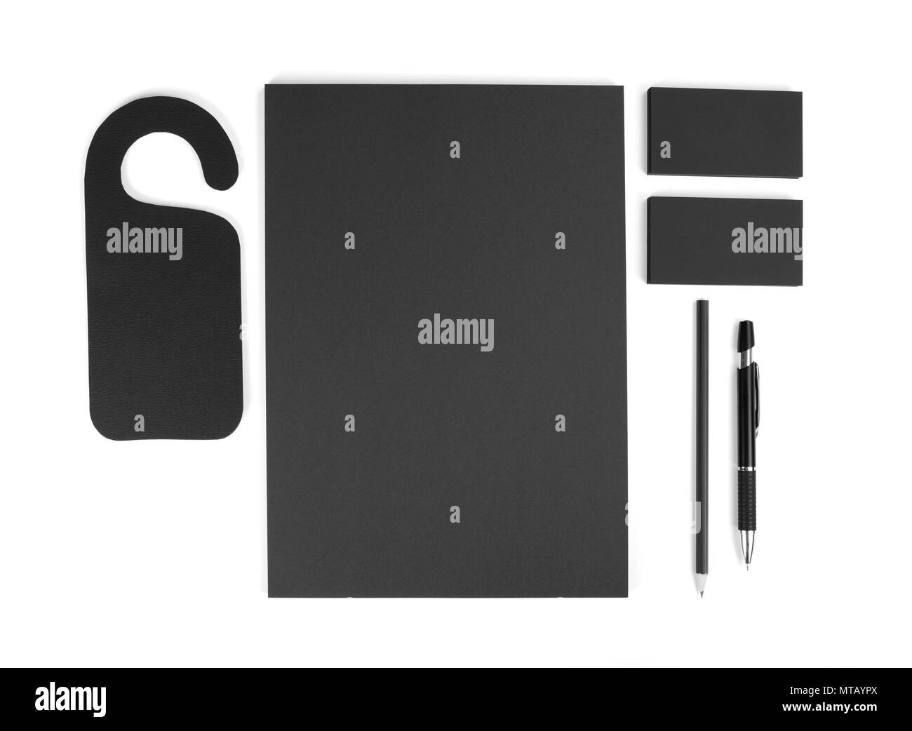 Papeterie en blanc sur fond blanc. Se composent de cartes de visite, A4 des en-têtes, pen and pencil Banque D'Images