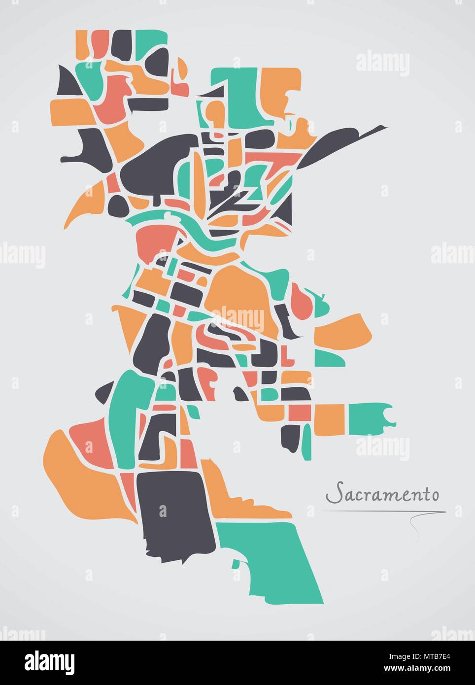 Sacramento Californie Plan avec les quartiers et les formes rondes modernes Illustration de Vecteur