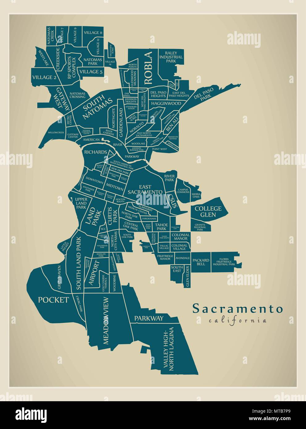 Plan de la ville moderne - Sacramento Californie ville des États-Unis avec des titres et des quartiers Illustration de Vecteur