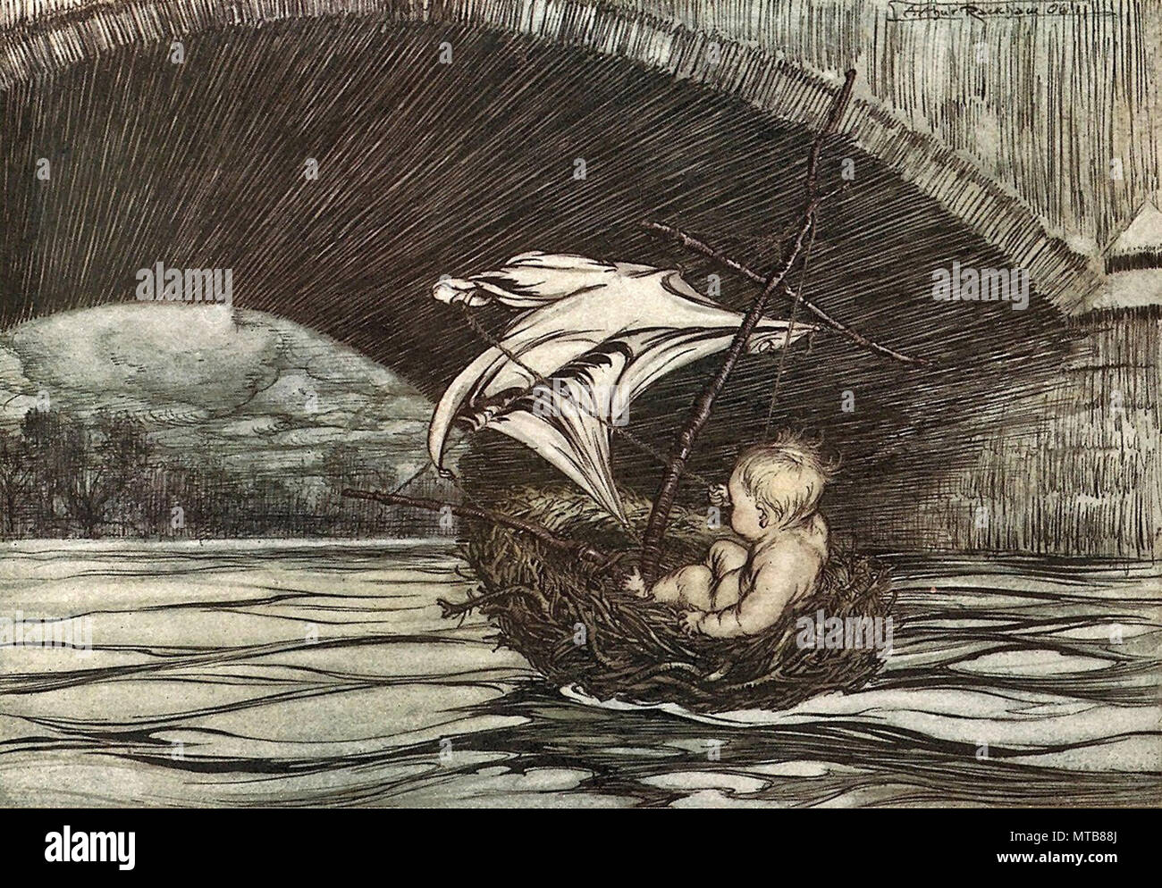 Arthur Rackham - Peter Pan dans les jardins de Kensington - Peter dans un oiseau U2019s Nest sous le pont flottant Banque D'Images