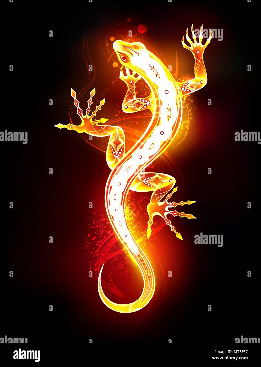 Salamandre dessinée artistique du feu et flamme sur fond noir. Illustration de Vecteur