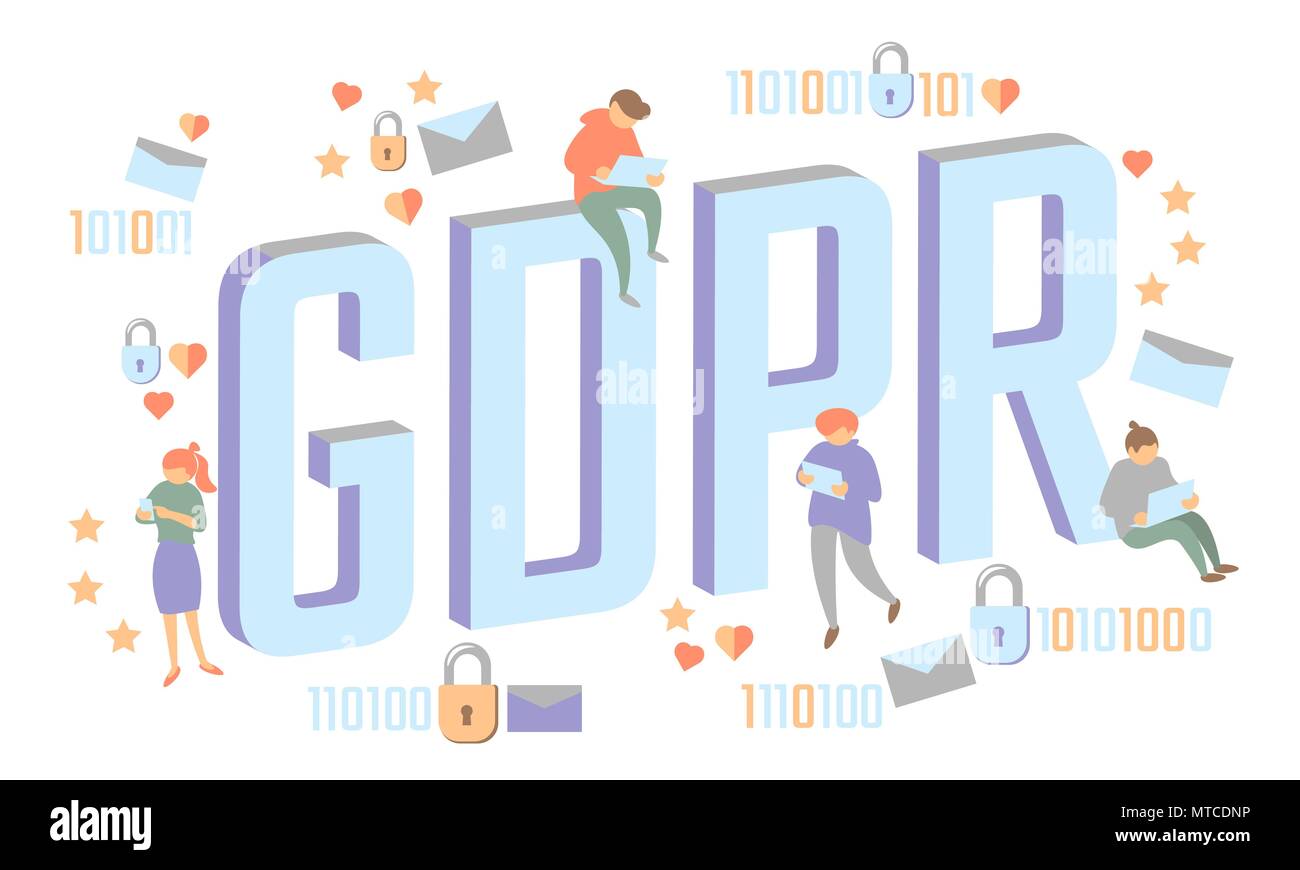 Droit des gens PIBR isométrique concept. Les petits hommes grandes lettres télévision 3D comme données générales cadenas de sécurité règlement protéger. Confidentialité Les renseignements personnels de couleur pastel illustration vectorielle de sécurité Illustration de Vecteur