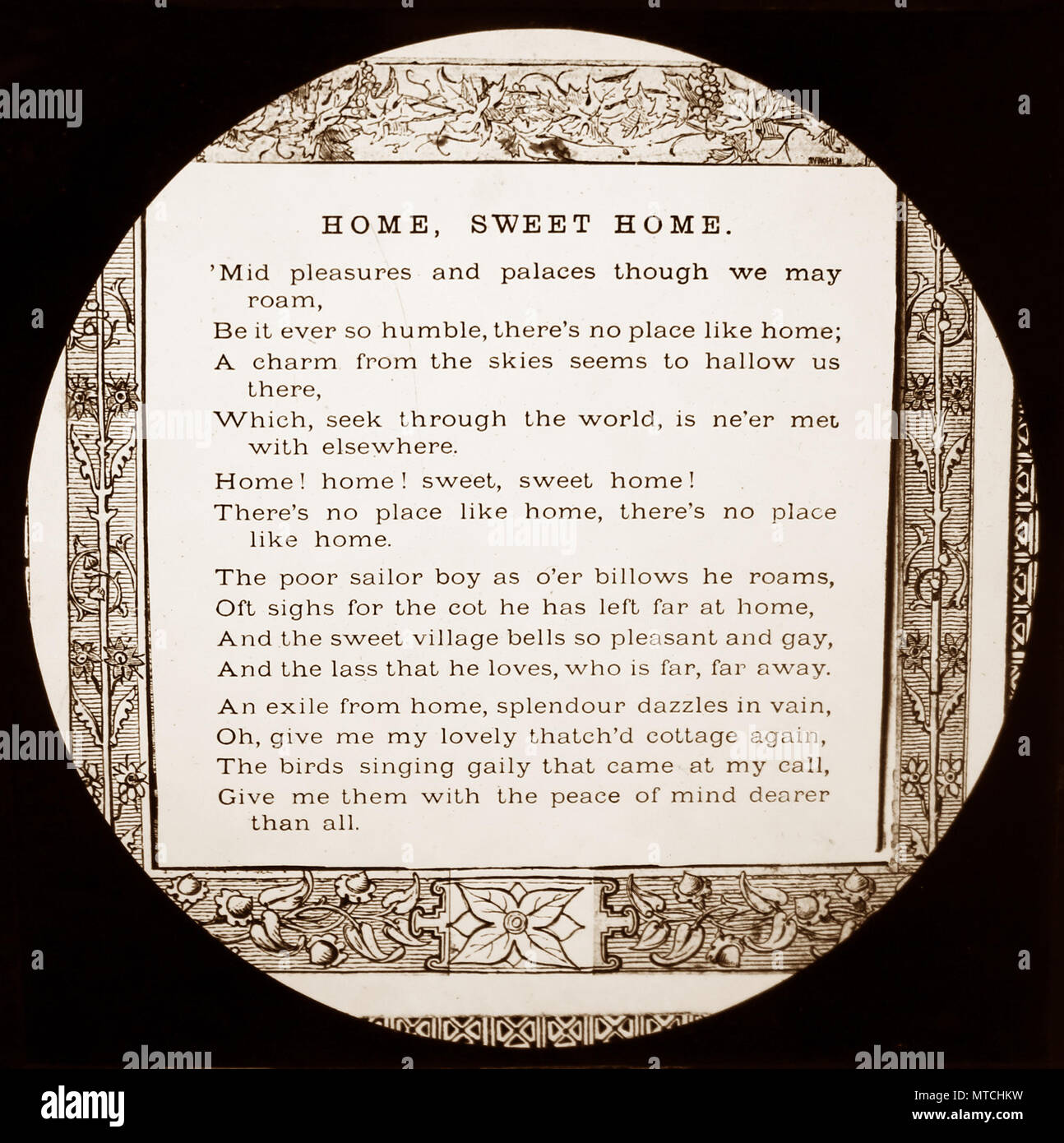 Magic Lantern slide avec les paroles de 'Home Sweet Home', période victorienne Banque D'Images