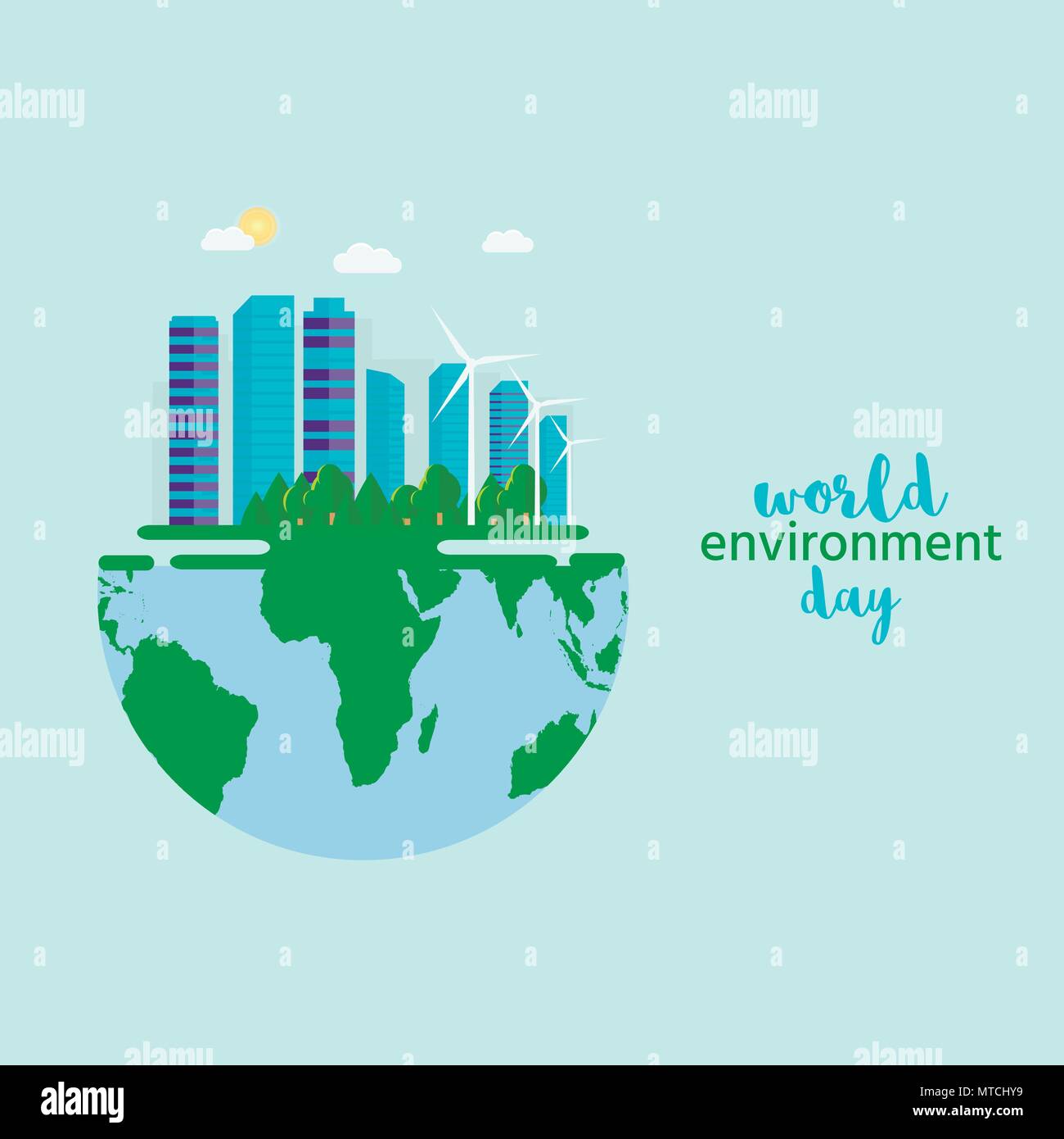 Heureuse Journée mondiale de l'environnement carte postale avec arrière-plan de la ville verte, éolienne. Eco friendly ecology concept. Sauver la Terre. Illustration de Vecteur