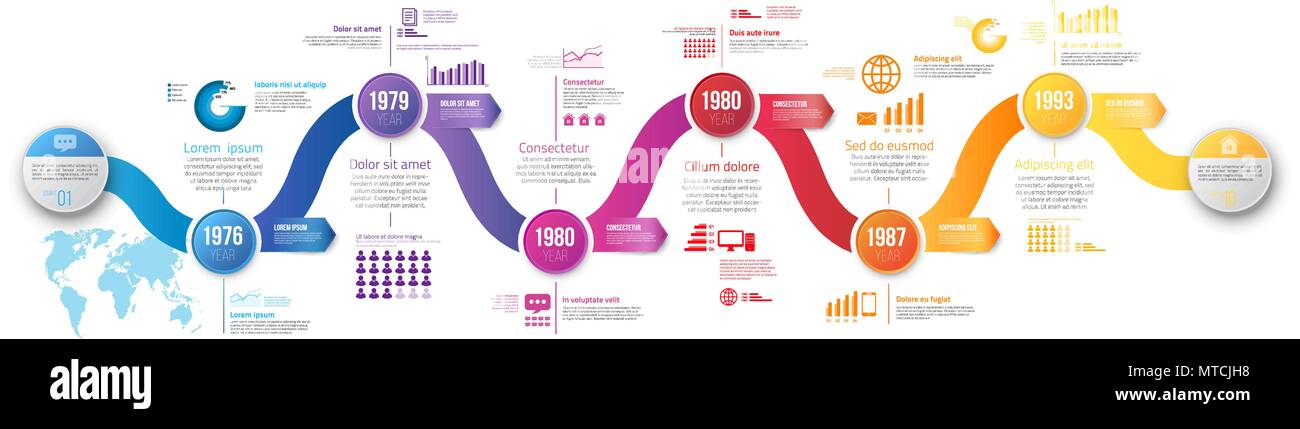 Concept d'affaires modèle de boîtier coloré vague chronologie des flèches. L'infographie mise en page avec des étapes, avec l'histoire de workflow,schéma de présentation graphique et Illustration de Vecteur