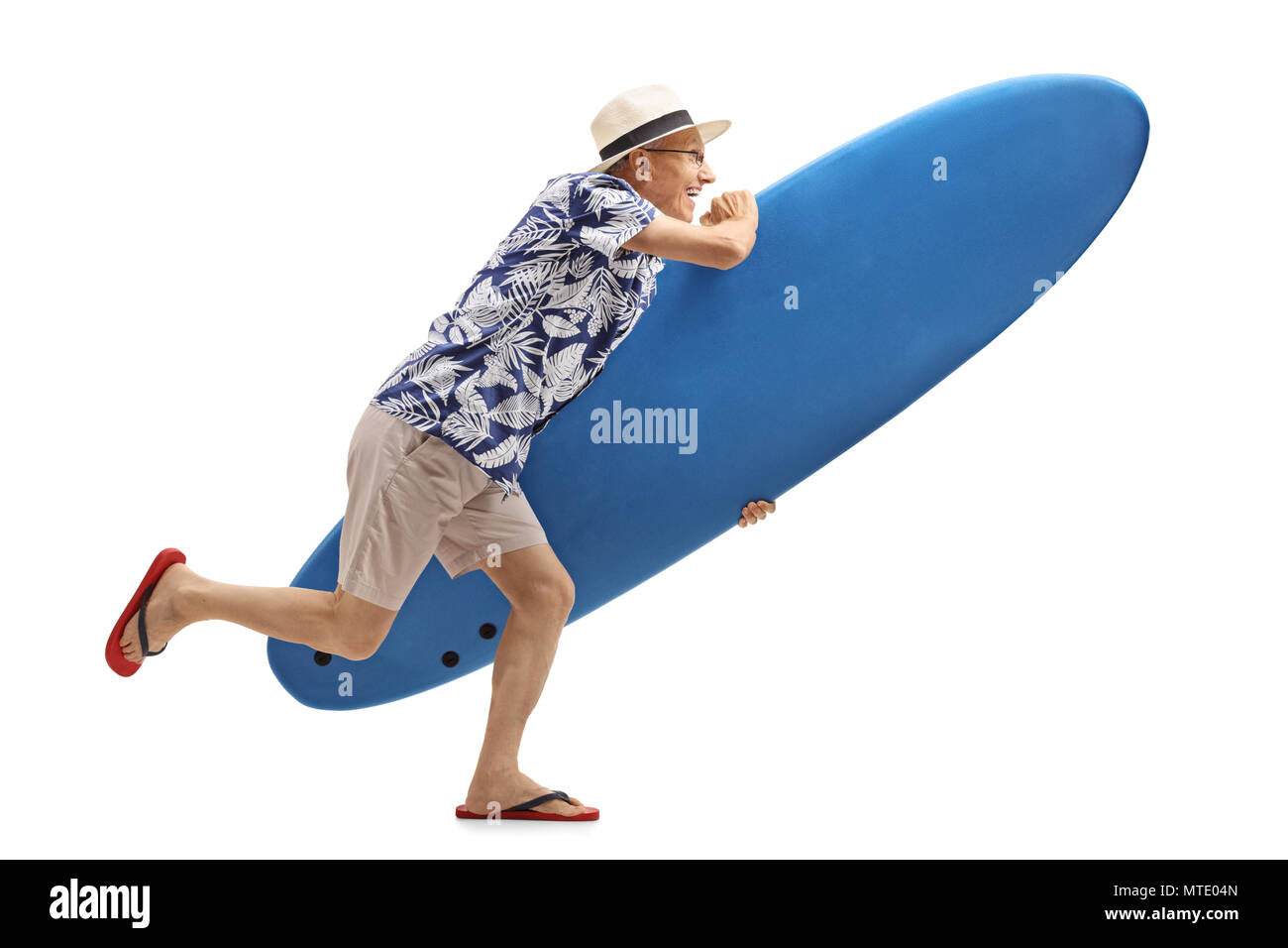 Profil de pleine longueur de balle avec un surf tourisme exécutant isolé sur fond blanc Banque D'Images