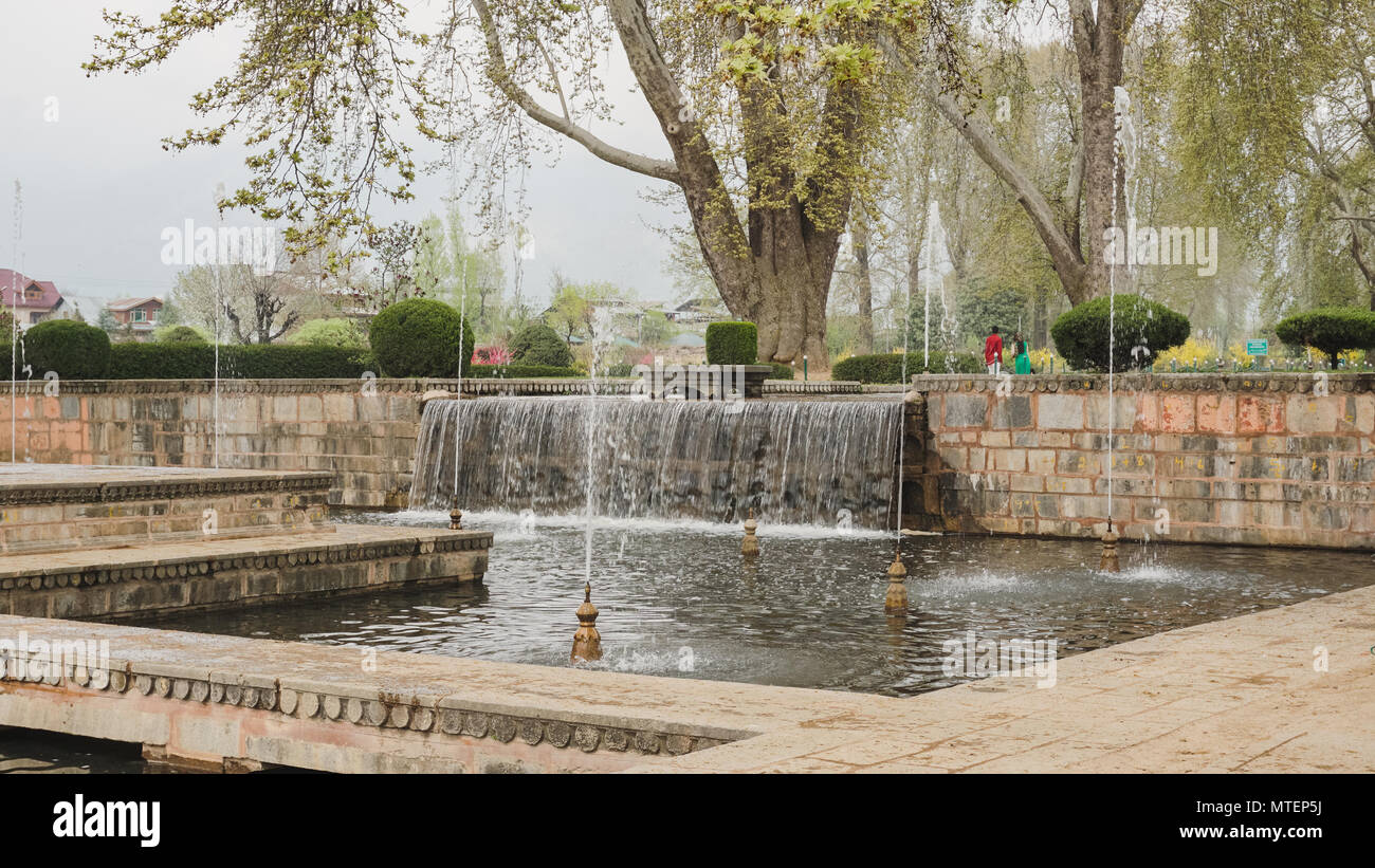 Cette image est d'un grand jardin au Cachemire, en Inde, au total il y a plus de 200 fontaines d'eau dans ce beau jardin pour ce qui est célèbre. Banque D'Images