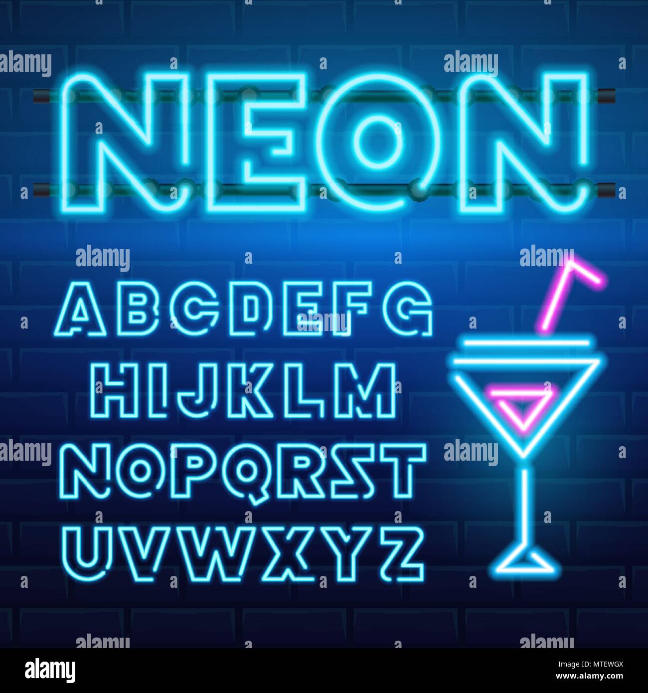 80 s néon bleu retro font. Lettres chrome futuriste. Alphabet clair sur fond sombre. Symboles de lumière signe pour night show en club. concept de l'espace galaxy. Ensemble de types. La version décrite. Illustration de Vecteur