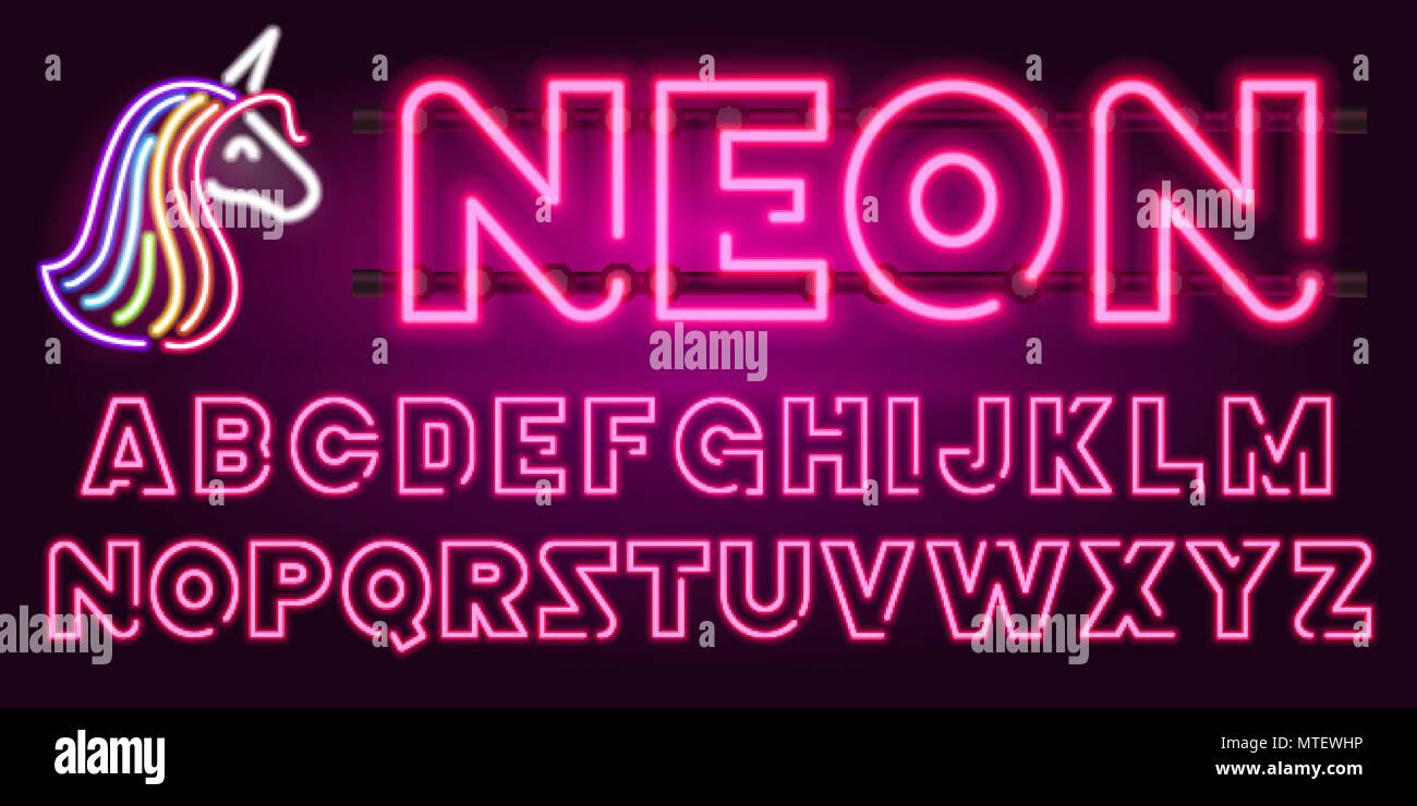80 s de vert fluorescent retro font et unicorn. Lettres chrome futuriste. Alphabet clair sur fond sombre. Types de symboles de la lumière. Signe pour night show en club. concept de l'espace galaxy. La version décrite. Illustration de Vecteur