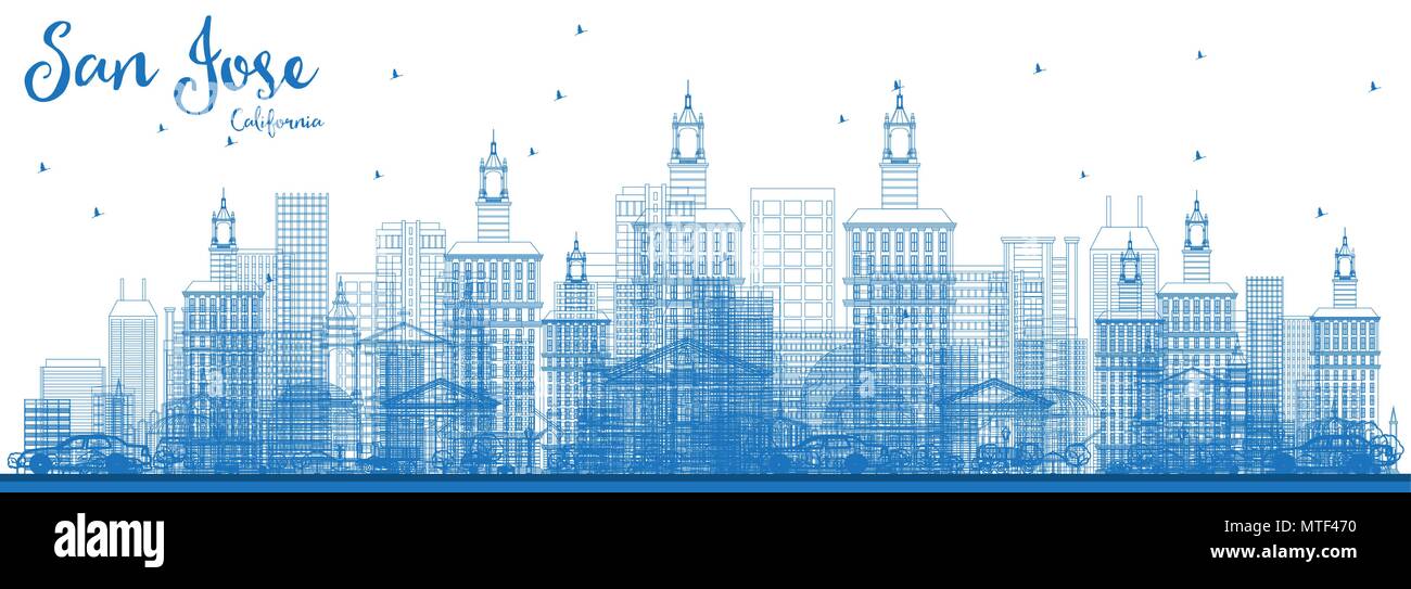Contours San Jose en Californie avec des toits des bâtiments bleus. Vector Illustration. Les voyages d'affaires et tourisme Concept avec l'architecture moderne. Illustration de Vecteur