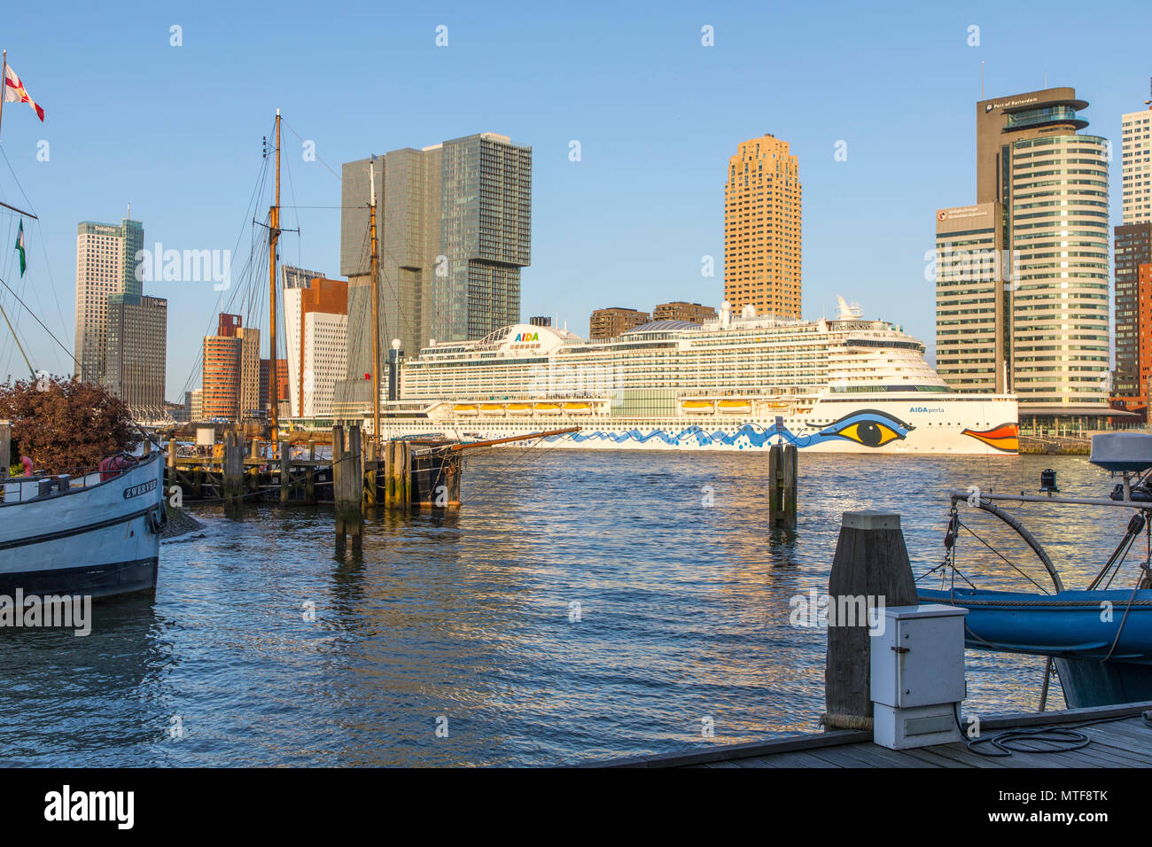 Rotterdam, sur les toits de gratte-ciel, Nouvelle Meuse au "Kop van Zuid', 'bateau de croisière Aida 675' au Terminal des Croisières, Banque D'Images