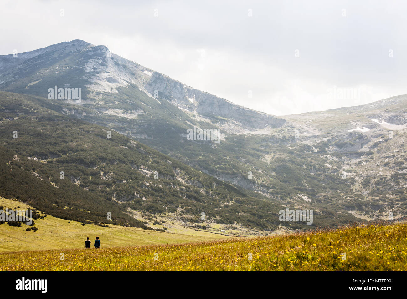 Les randonneurs silhouette couple sur un champ dans les montagnes Banque D'Images