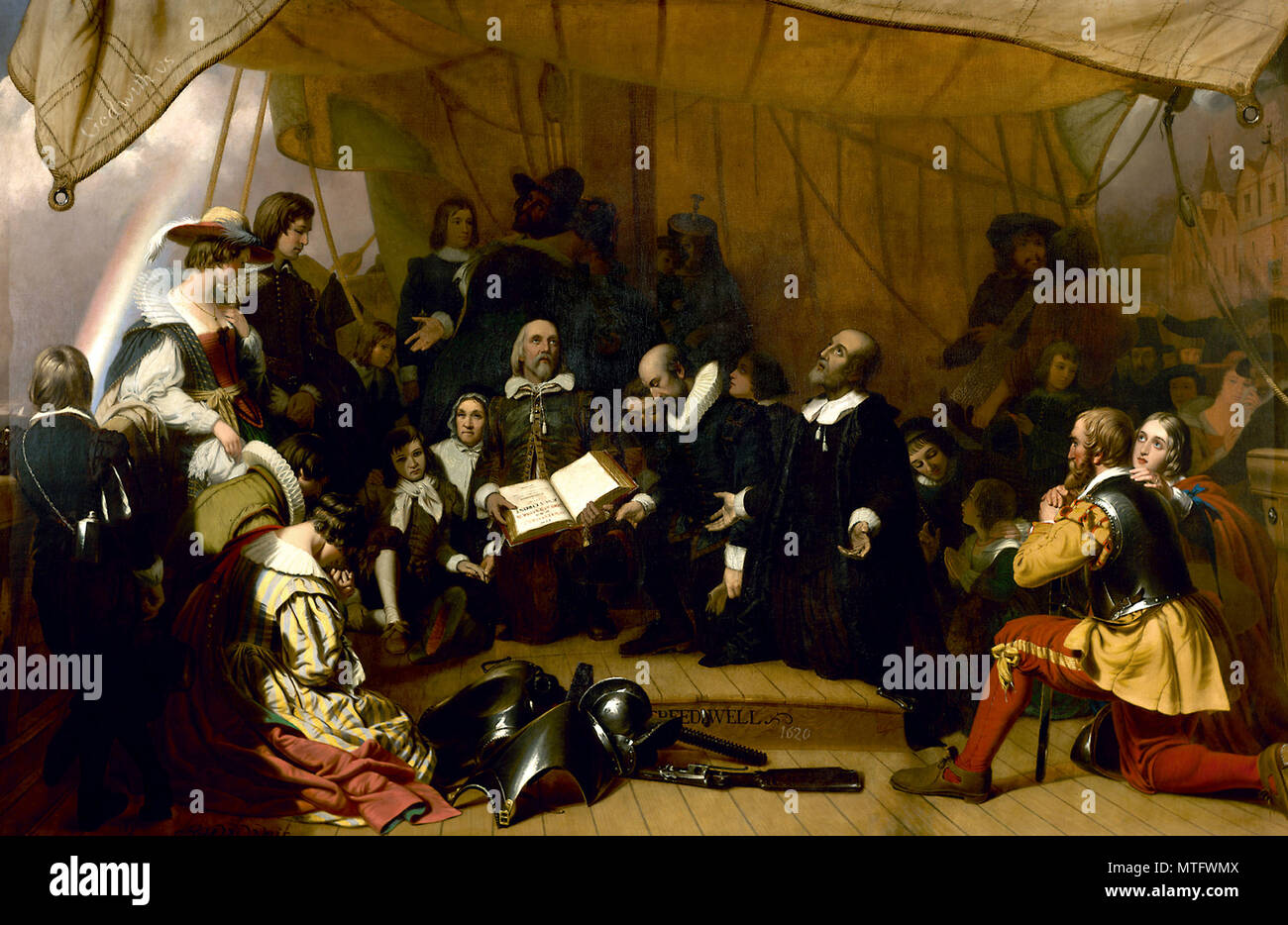 L'embarquement des pèlerins, 1843, Myles Standish et Rose sont représentée dans l'avant-plan sur la droite par Robert W. Weir Banque D'Images