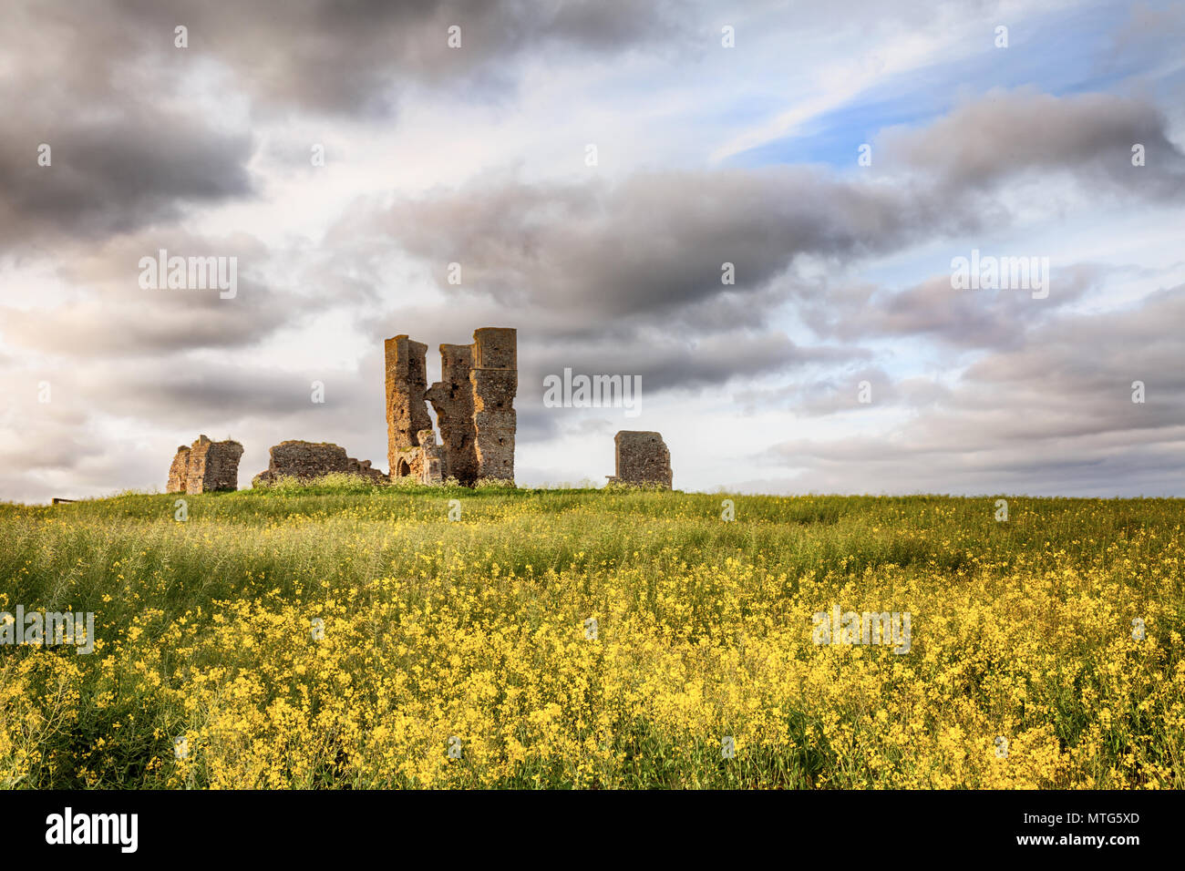 Ancienne vieille église en ruine situé dans un paysage de cultures jaune avec de beaux nuages et coucher de soleil Banque D'Images