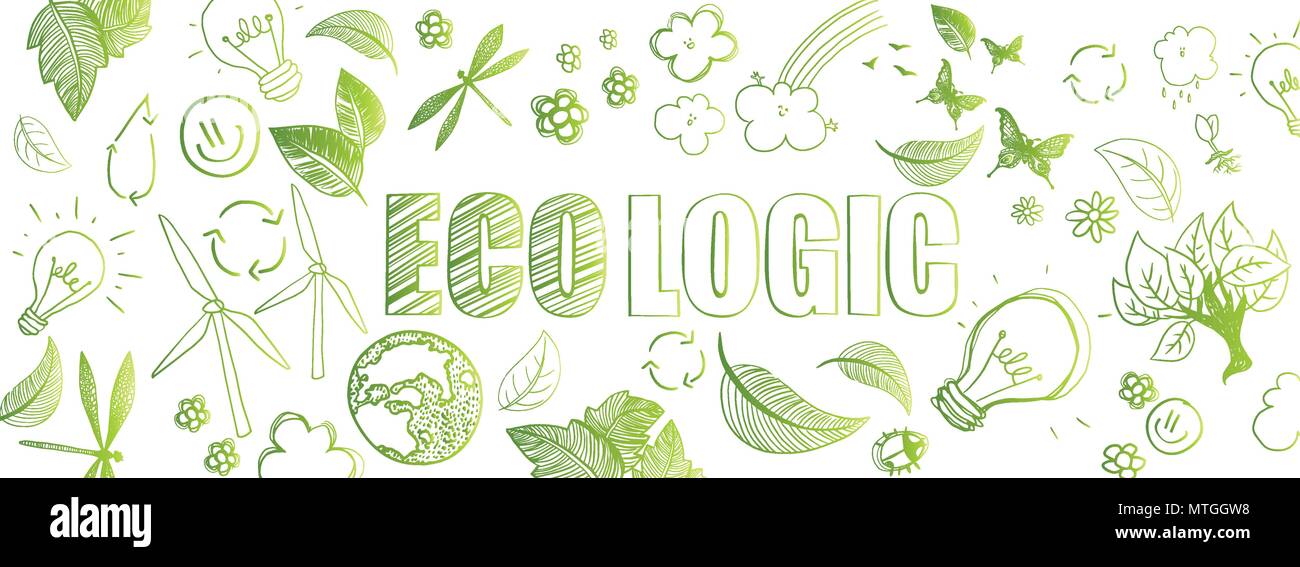Doodles vecteur écologique vert plein grande bannière Illustration de Vecteur