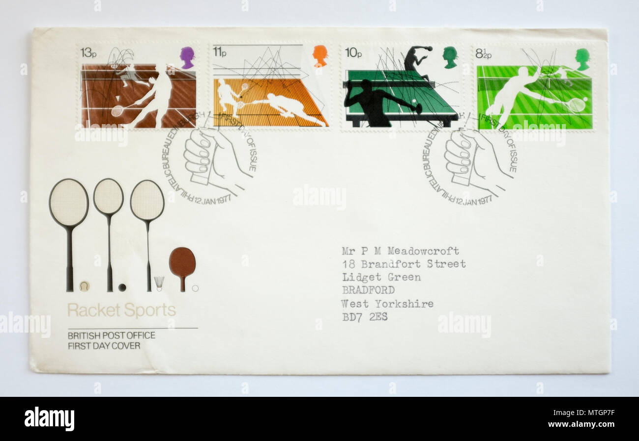 Vintage 1977 Premier jour GO Couvrir Stamp - Sports de Raquettes Banque D'Images