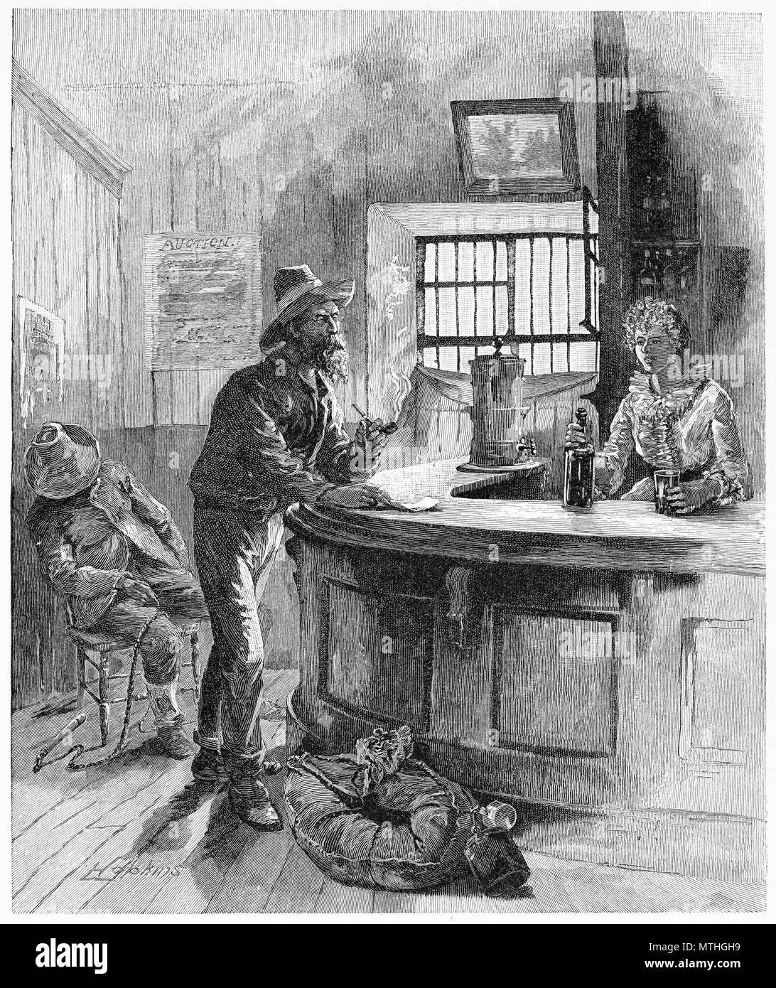 Gravure d'un swagman faire tomber son chèque au pub, de l'Australie. À partir de l'Atlas pittoresque d'Australasie Vol 3, 1886 Banque D'Images