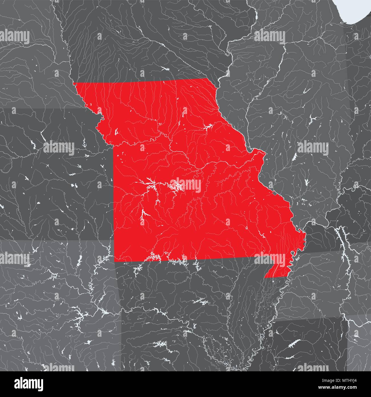 Les états américains - Carte du Missouri. Fait main. Les rivières et lacs sont indiqués. Merci de regarder mes autres images de la série cartographique - ils sont tous très détail Illustration de Vecteur