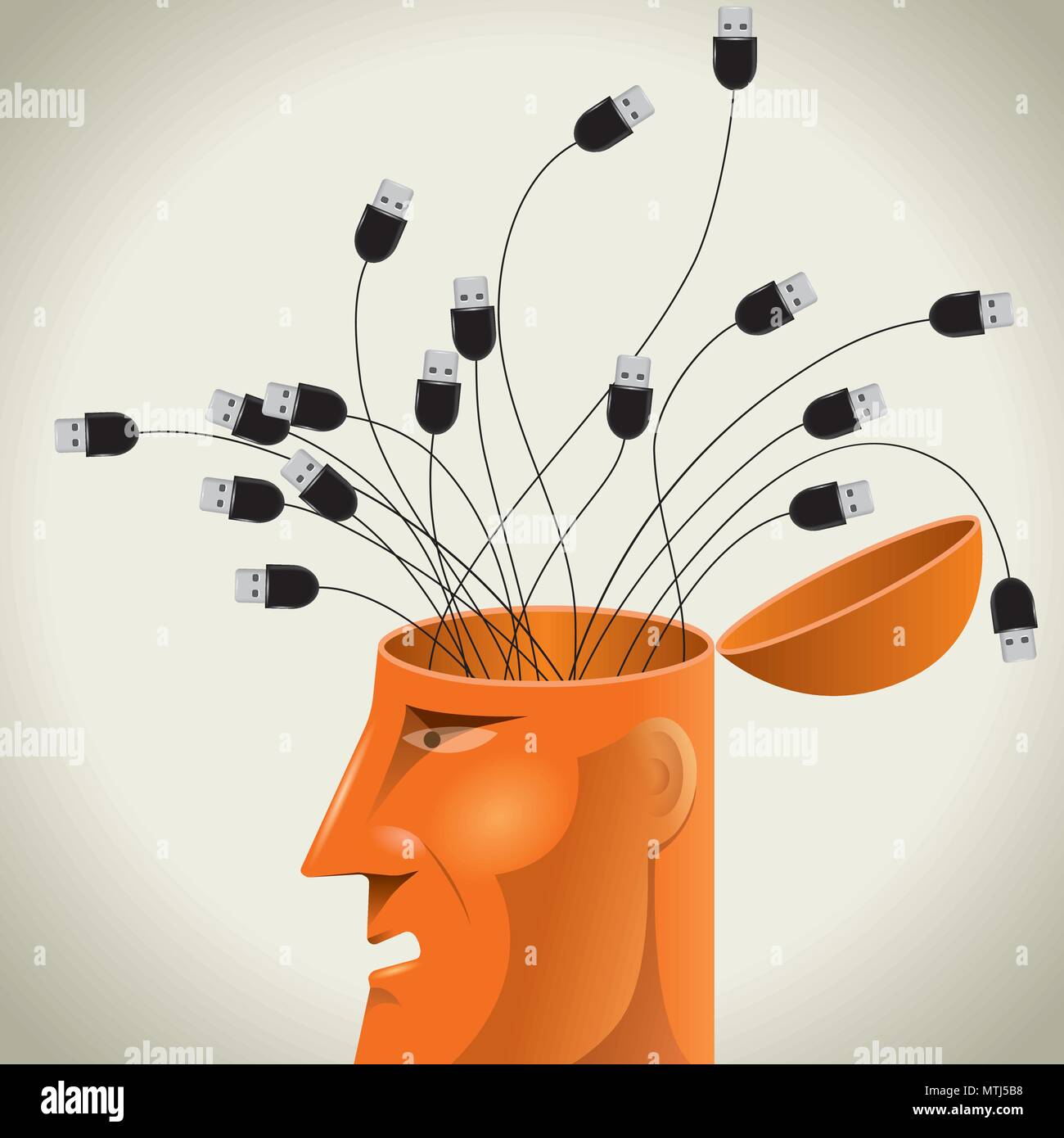 L'intelligence artificielle concept design, câble USB dans le cerveau. Illustration de Vecteur