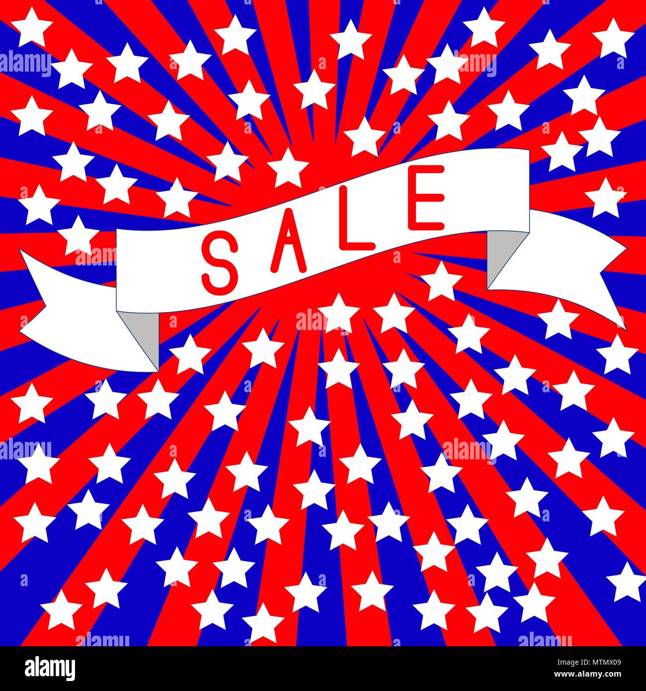 La vente. Concept de l'événement. Pop Art Style rayons rouge et bleu du centre, les étoiles. Tape avec texte Illustration de Vecteur