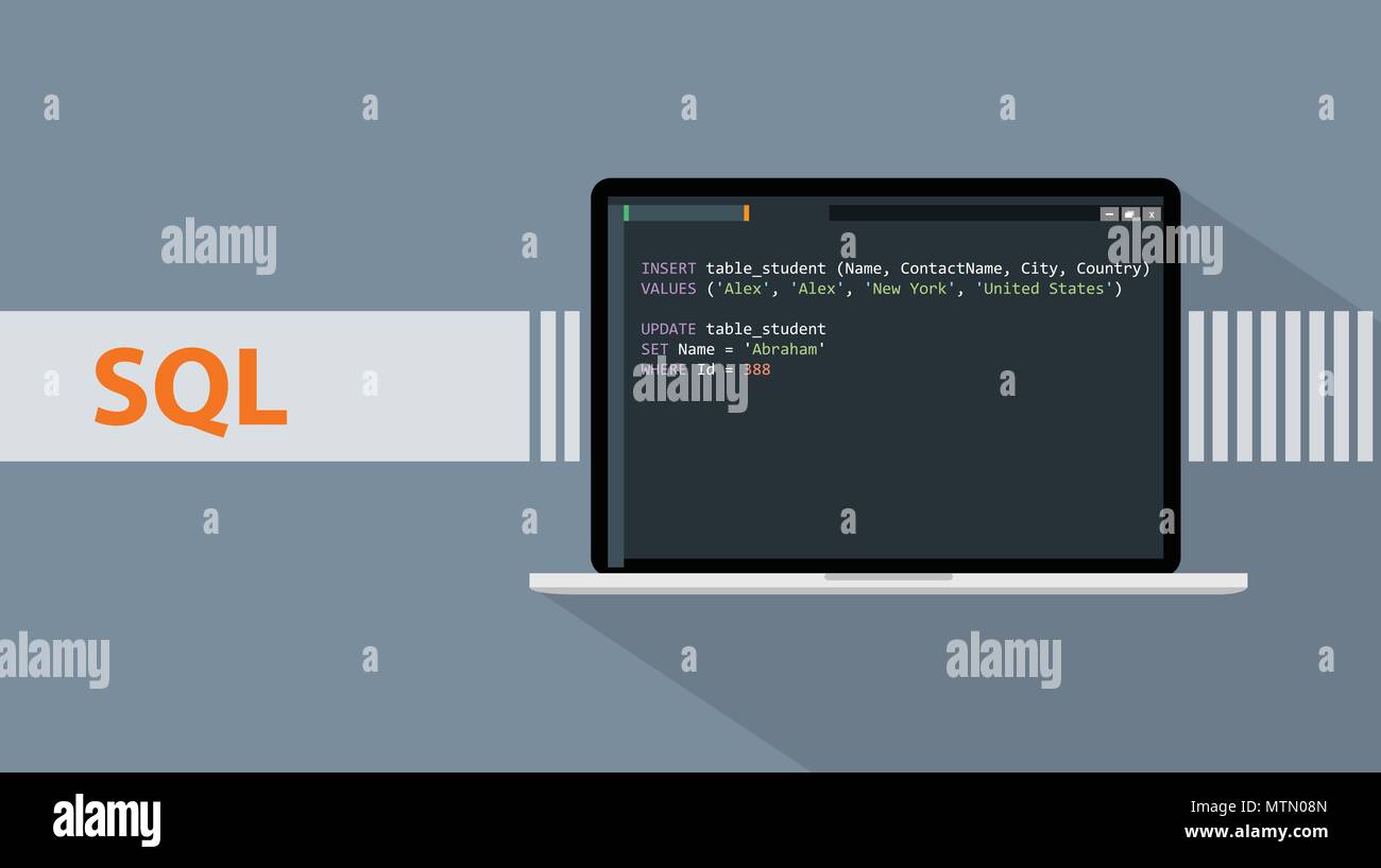 Sql (structured query langage de programmation langues officielles avec le code de script sur un écran d'ordinateur portable graphique vectoriel Illustration de Vecteur