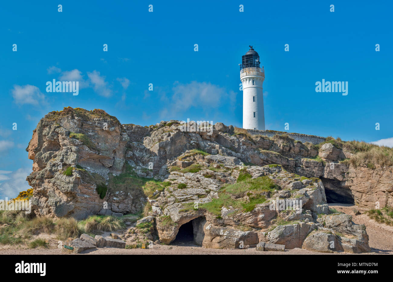 COVESEA LIGHTHOUSE BEACH LOSSIEMOUTH ÉCOSSE COLONNE BLANCHE SUR UNE COLLINE DE ROCHERS ET DE GROTTES un matin tôt au printemps Banque D'Images