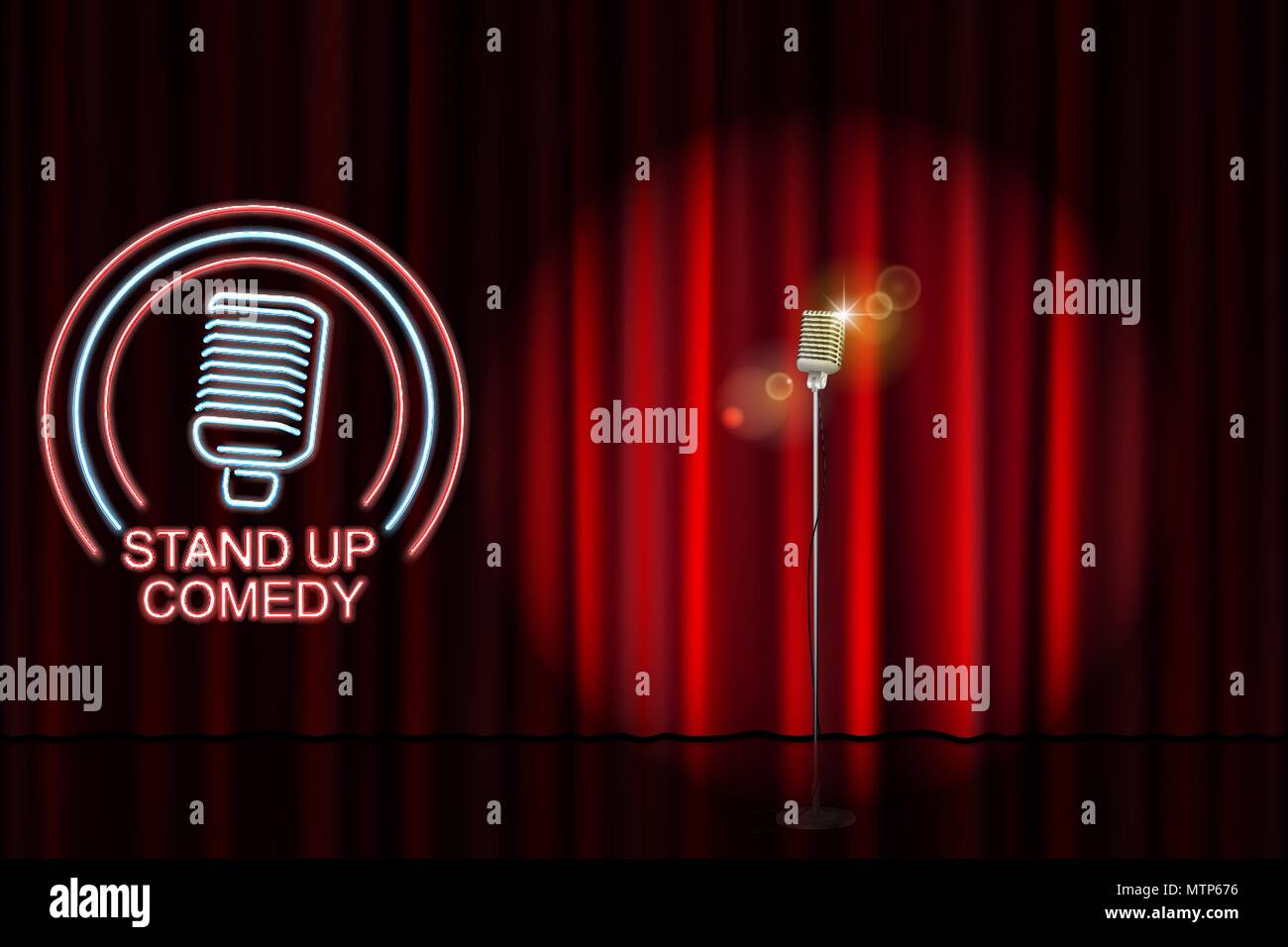 Stand up comedy avec microphone neon sign et rideau rouge en toile de fond. Comedy night stand up show ou karaoké. Vector illustration Illustration de Vecteur