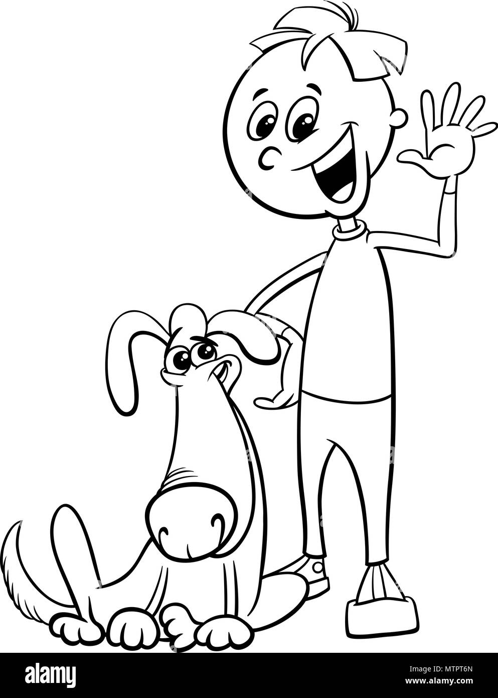 Cartoon noir et blanc Illustration de l'enfant ou adolescent Boy with Funny Dog jeu de coloriage Illustration de Vecteur