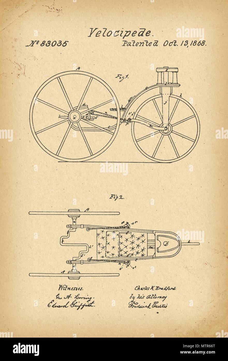 Brevet 1868 invention de l'histoire de vélo vélocipède Banque D'Images
