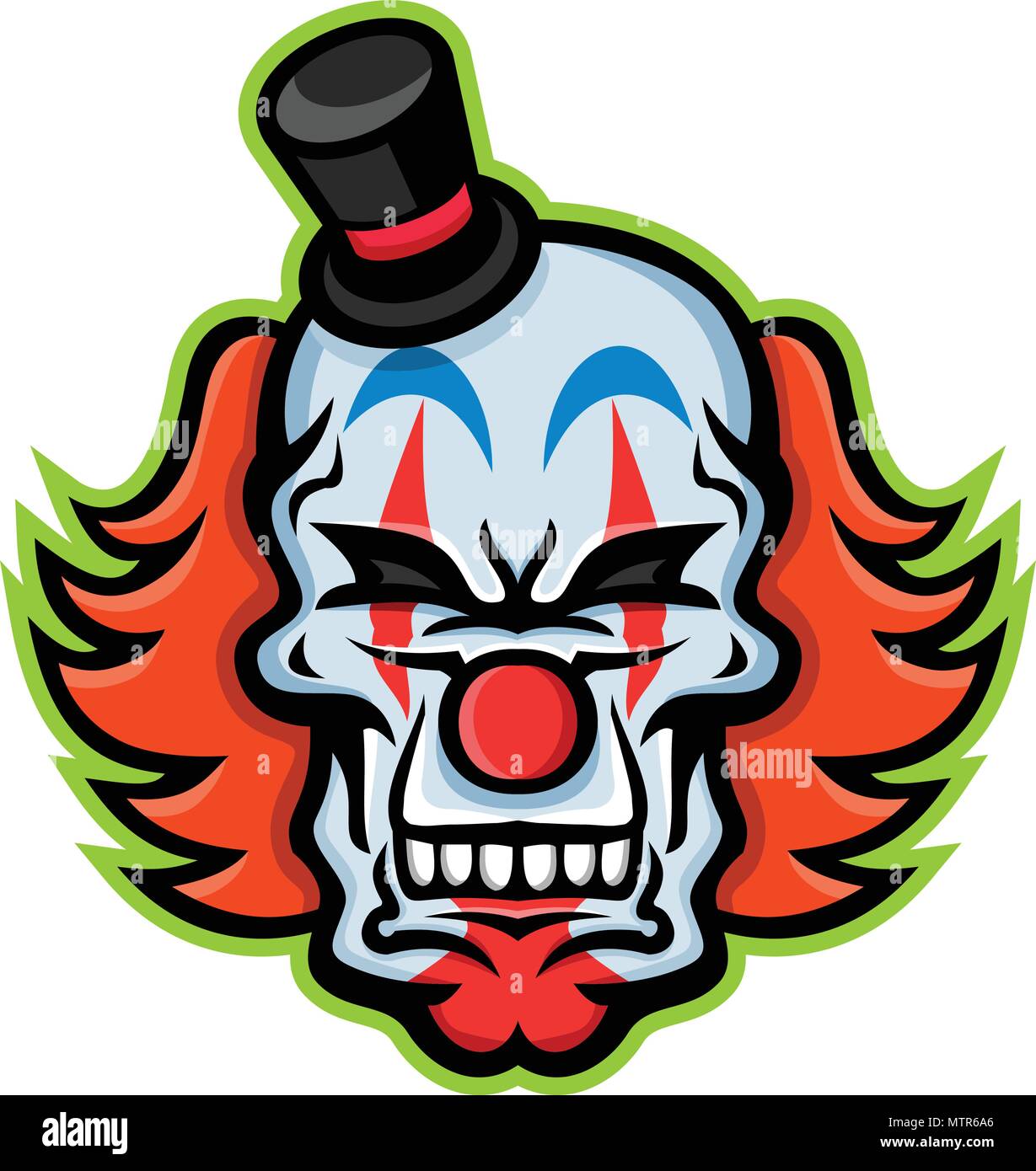 L'icône de mascotte illustration de crâne d'un clown blanc-face aux cheveux rouges portant un petit top hat vu de l'avant sur fond isolé en style rétro. Illustration de Vecteur