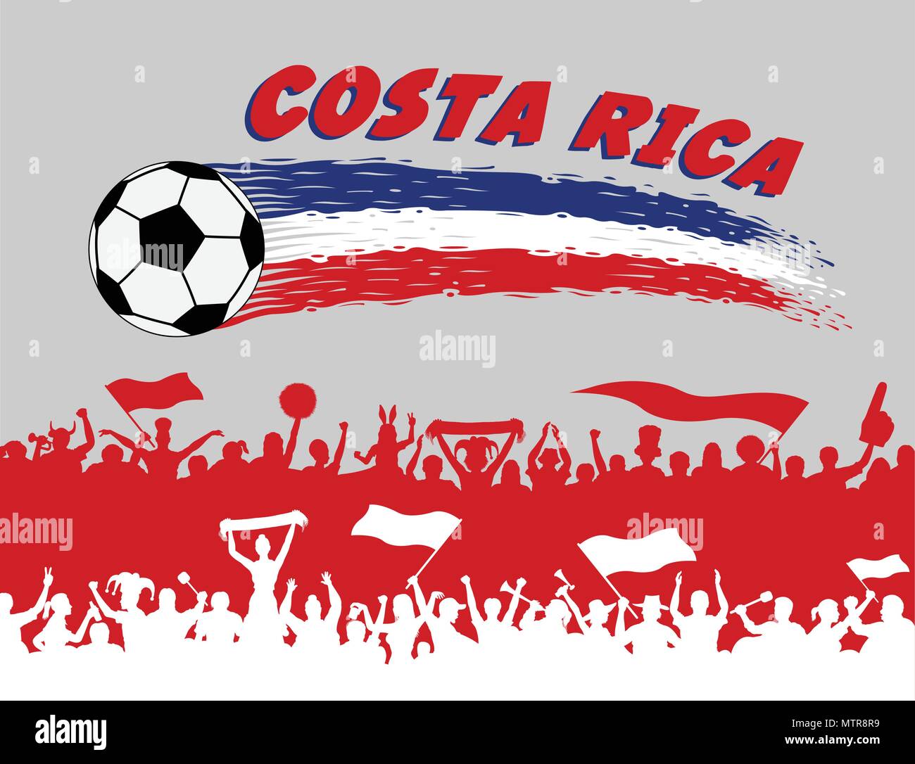 Les couleurs du drapeau du Costa Rica avec ballon de soccer et partisans de Rican de silhouettes. Tous les objets, les coups de pinceau et les silhouettes sont dans différentes couches Illustration de Vecteur