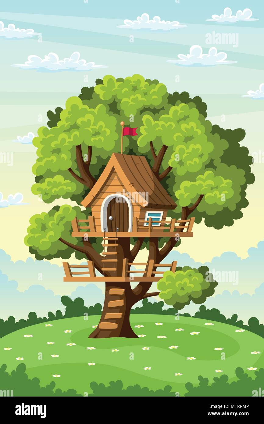 Treehouse sur un pré en été, vector illustration Illustration de Vecteur Treehouse sur un pré en été, vector illustration Illustration de Vecteur
