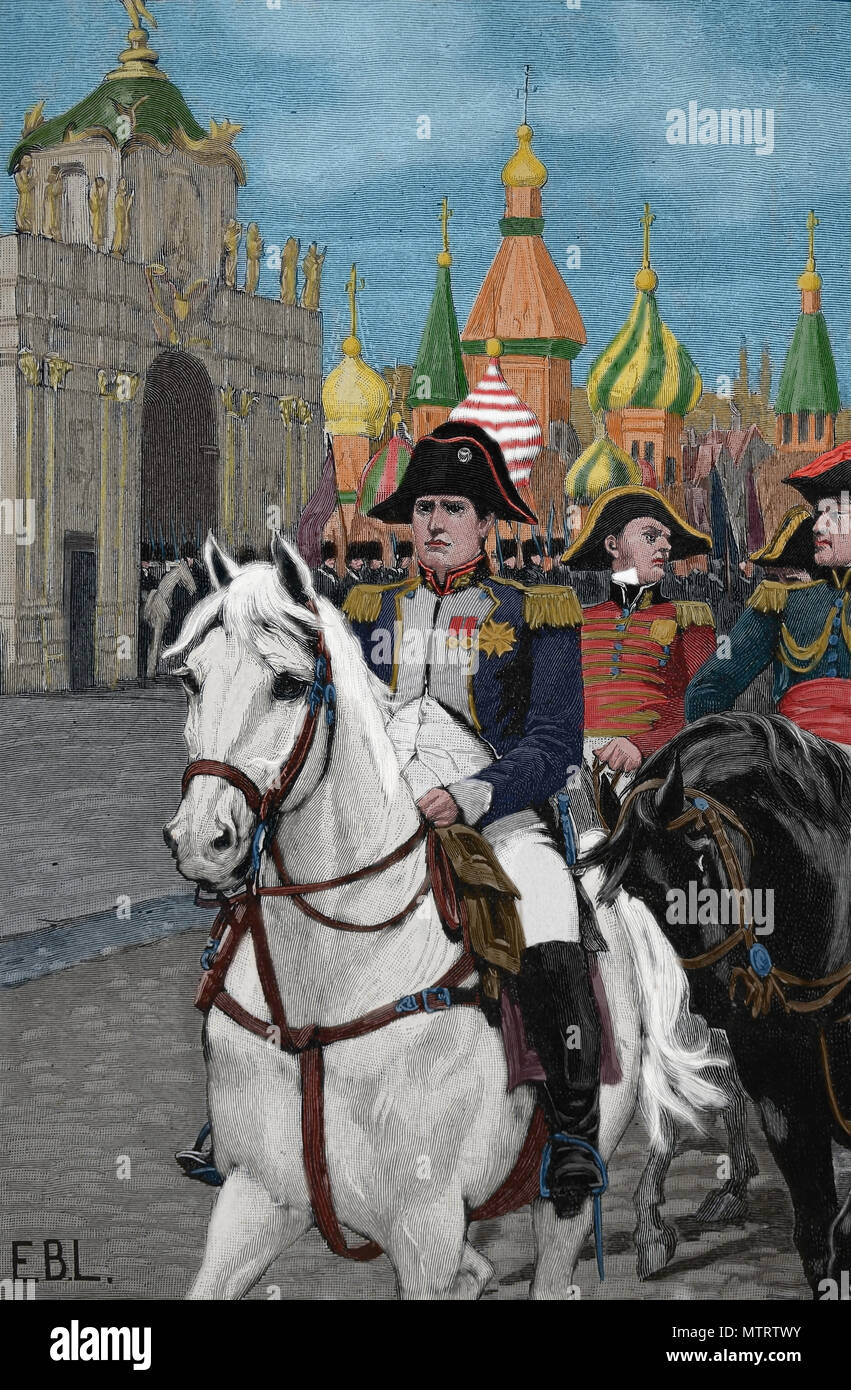 La campagne de Russie. Entrée de Napoléon à Moscou. Septembre 1812. Capture de Moscou. Gravure, 19e 100. Banque D'Images
