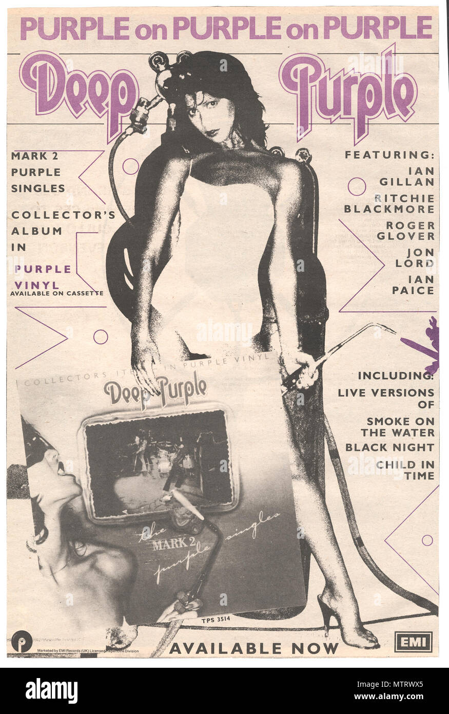 Deep Purple Press Advert ; publicité pour les albums du groupe depuis les années 1970 et 1980. Ces annonces paru dans le British music papers et afficher les albums de Deep Purple dans leur contexte d'origine. Comprend certains de leurs titres les plus célèbres, y compris de la fumée sur l'eau et Machine Head. Cet album a été publié en 1979 comme un élément de collection sur vinyle de couleur Banque D'Images