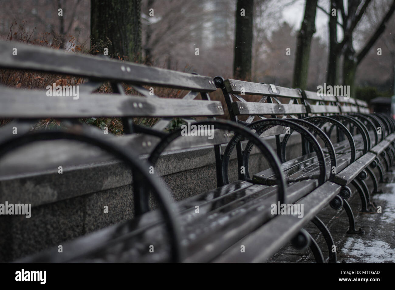 Ligne de l'Exposition mondiale des bancs de parc de séchage en pluie Hudson River Park à New York, donnant sur l'Hudson. Banque D'Images