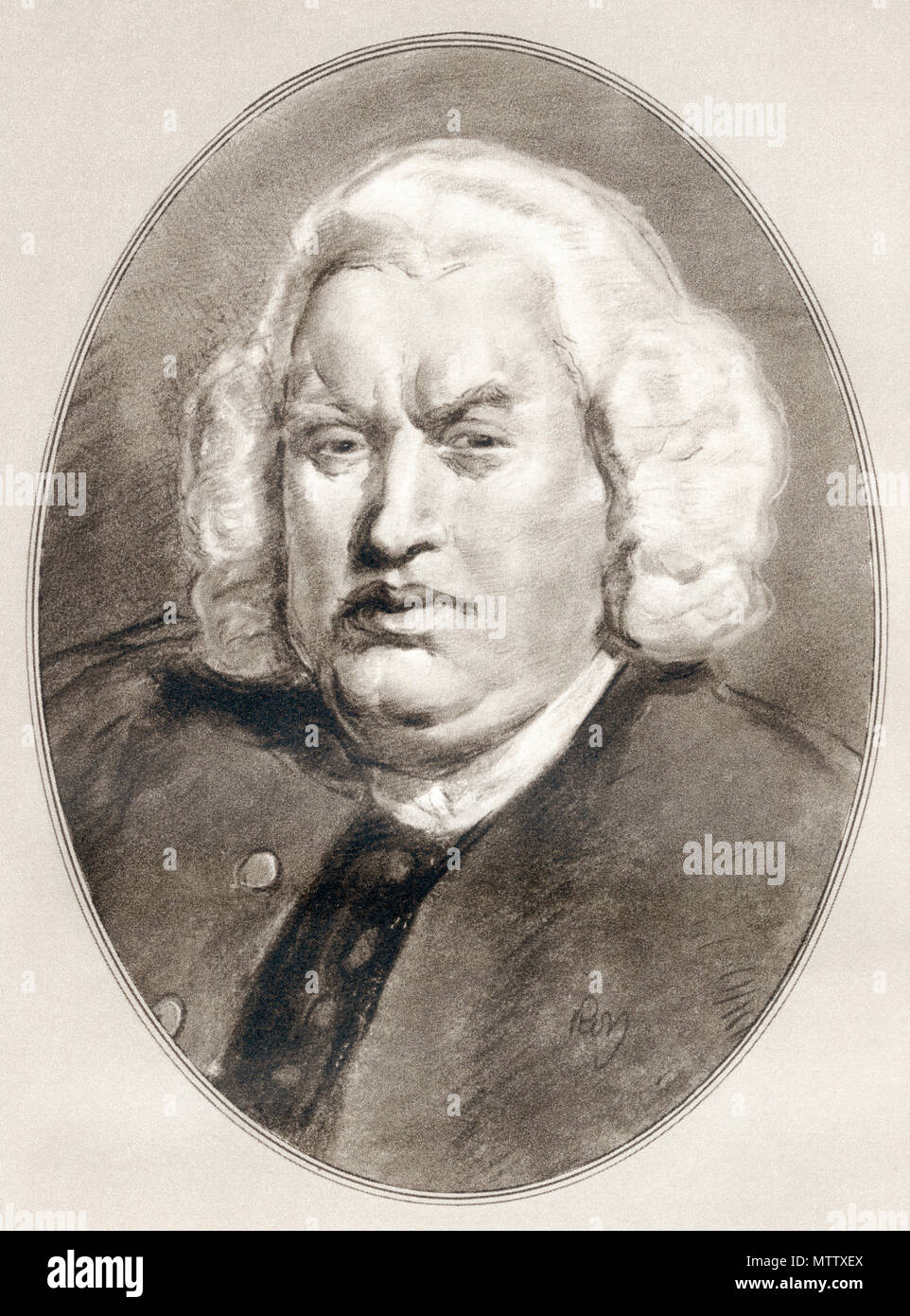 Samuel Johnson, 1709 - 1784, alias Le Dr Johnson. L'écrivain anglais, poète, essayiste, moraliste, critique littéraire, biographe, éditeur et lexicographe. Illustration par Gordon Ross, artiste et illustrateur américain (1873-1946), de la vie des hommes. Banque D'Images