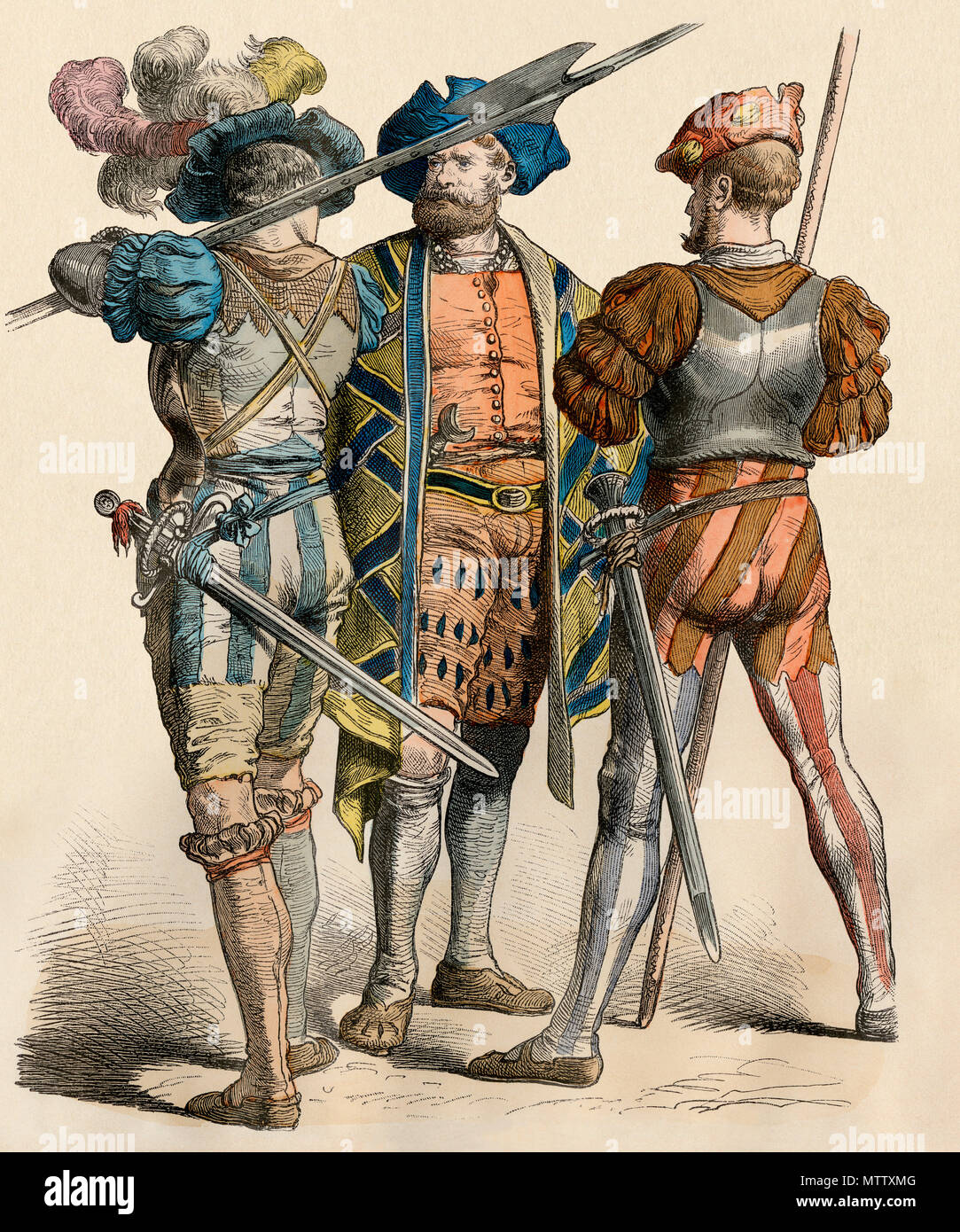 Allemand pays squire avec ses agents armés, années 1500. Impression couleur à la main Banque D'Images