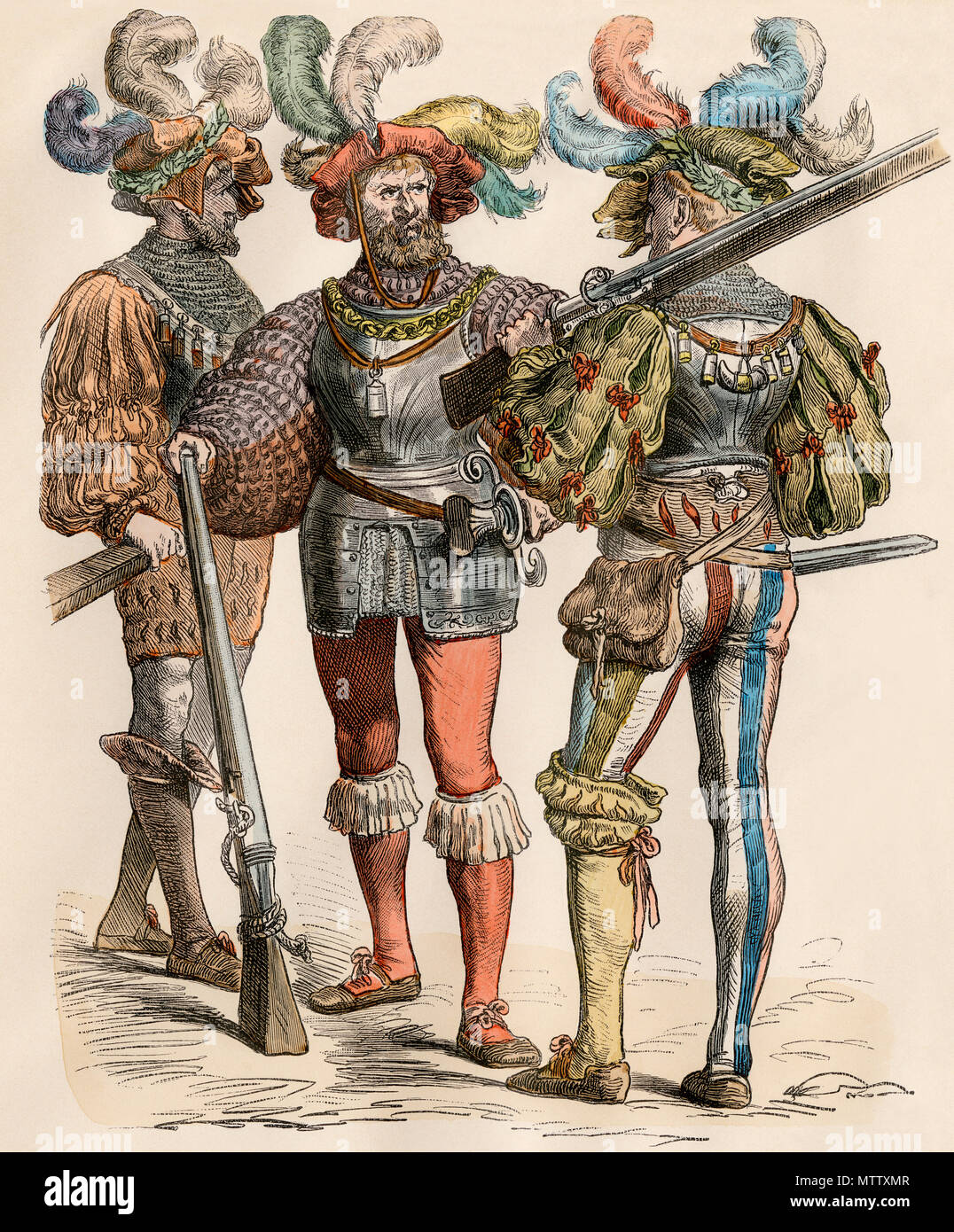 Allemand pays squire et ses compagnons armés de mousquets. Impression couleur à la main Banque D'Images