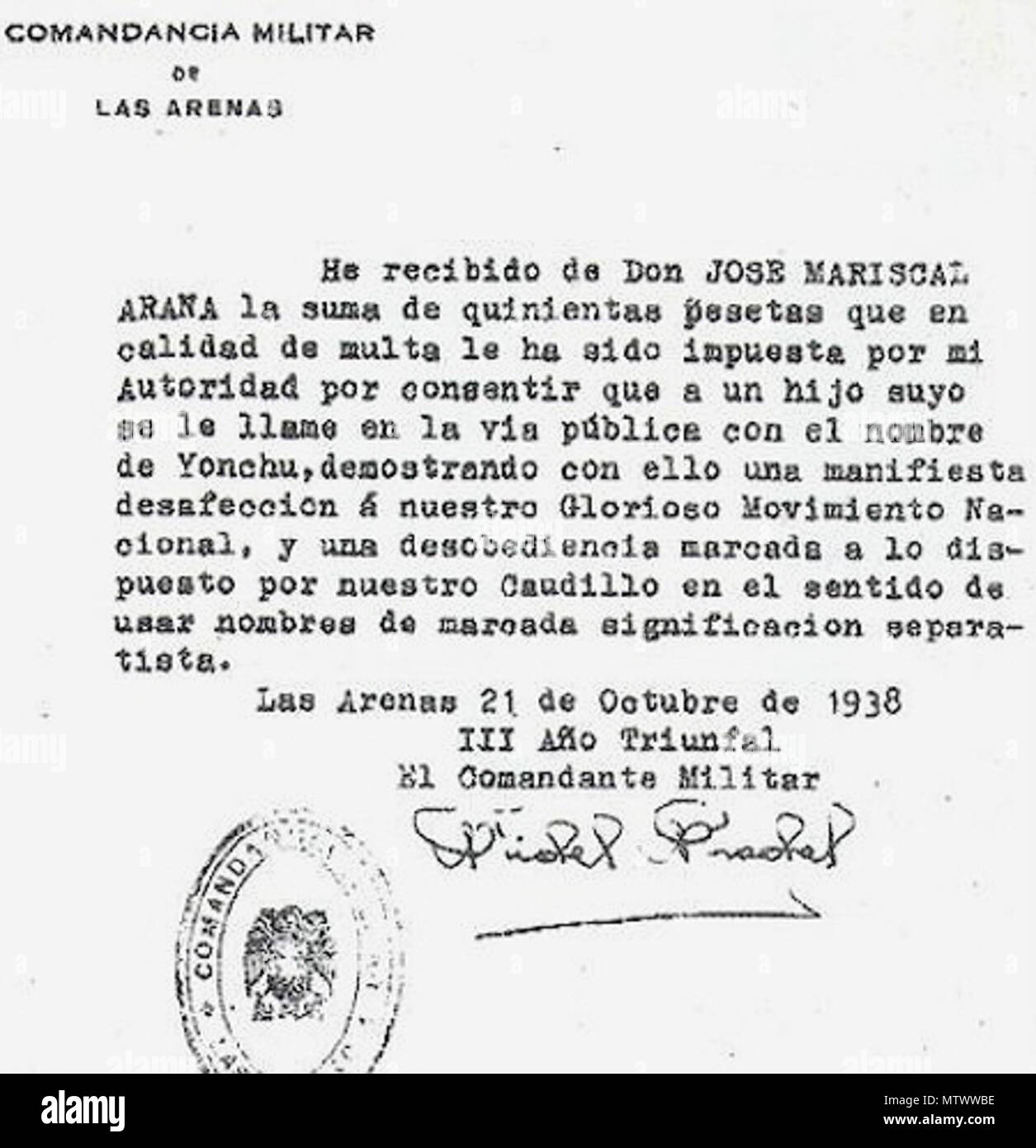 . Anglais : mort pour l'aide de noms en basque Español : Multa por el uso de nombres en vascuence Euskara : Izen euskaldunak erabiltzea zigortzen duen izuna Italiano : multa per il uso dei nomi baschi . 1938. Multavascuence 432 inconnu Banque D'Images