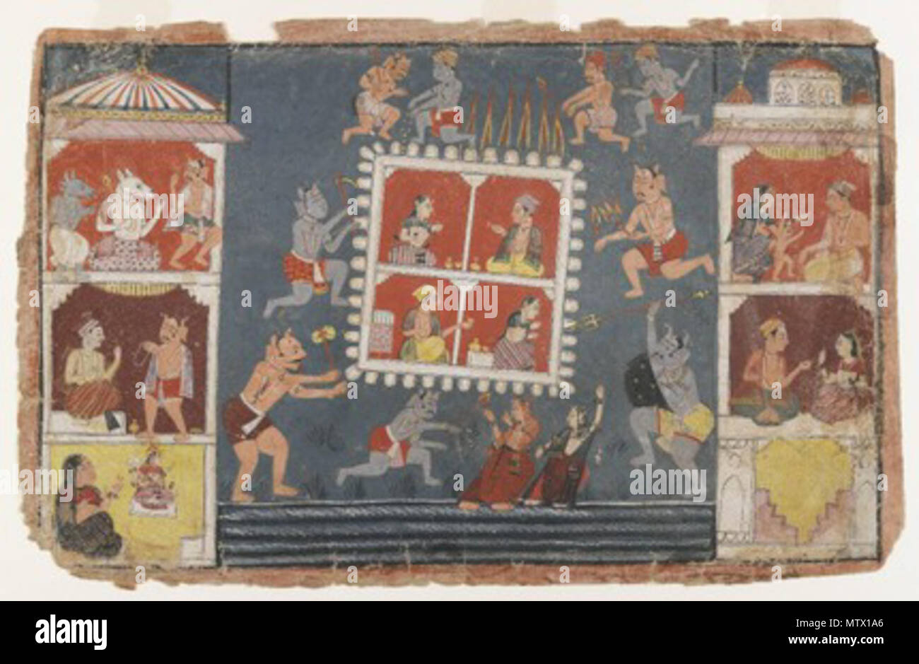 . La page d'un manuscrit illustré du Bhagavata Purana . C'est une page d'un manuscrit autographe de la Bhagavata Purana, un long écritures hindoues dédié au dieu Krishna, qui est dit avoir vécu sur terre comme un prince. L'épisode n'a pas été fermement identifié, mais il représente une ville d'être assiégé par les démons. L'artiste a utilisé un dispositif astucieux pour illustrer le siège avec une économie de moyens, le flottant de carrés crénelée des murs de la ville dans l'espace pour nous pouvons voir qu'il est entouré de tous les côtés. À chaque extrémité nous voir multistoried bâtiments urbains peuplés par des démons (dans le coin supérieur lef Banque D'Images