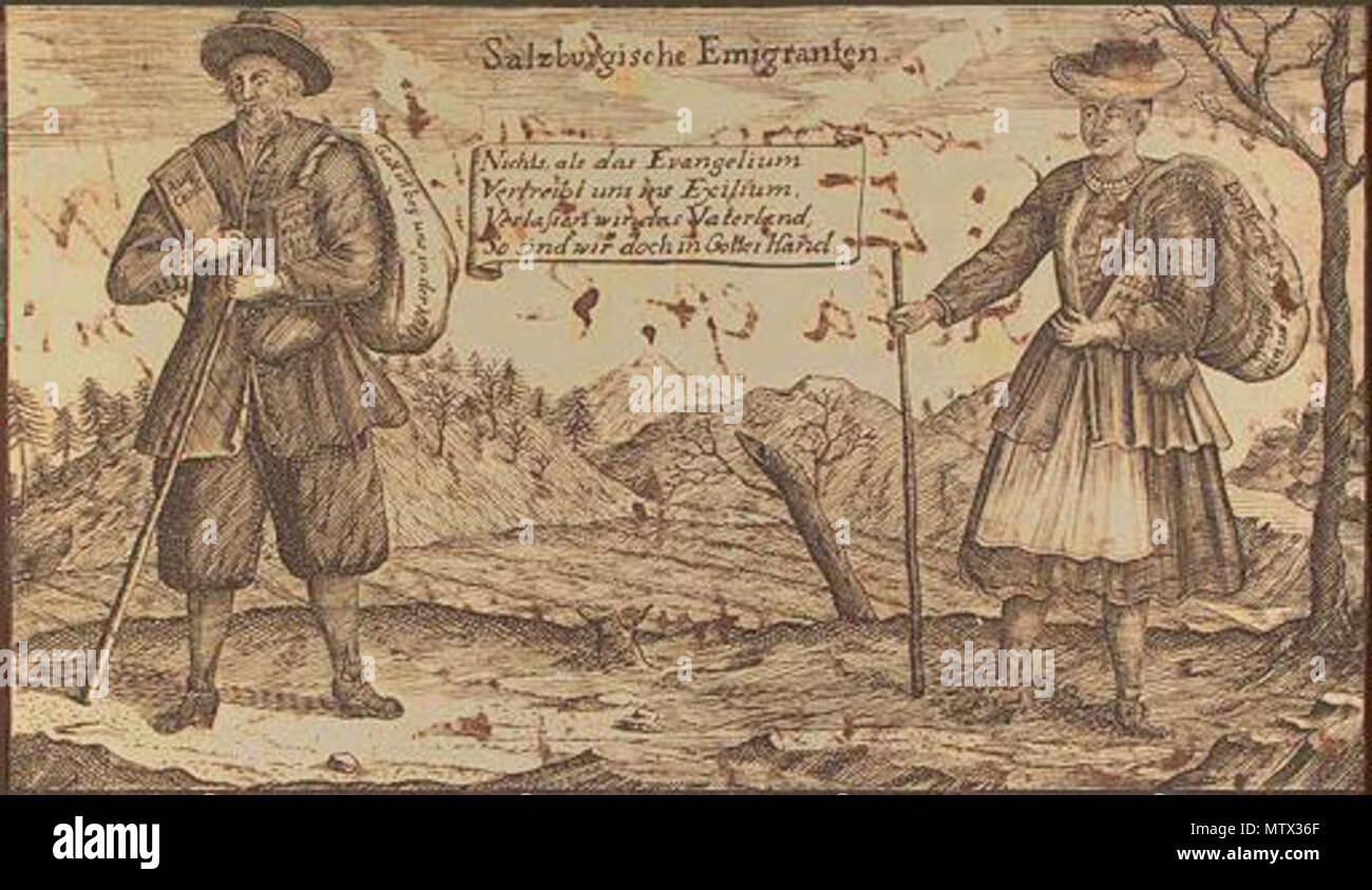 . Anglais : Les exilés protestants de Salzbourg, d'un texte indiquant que "rien mais l'Évangile nous expulsées dans l'exil, nous sommes malgré tout de quitter la patrie, nous sommes encore dans la main de Dieu'. Deutsch : Die Salzburgischen Emigranten, texte : 'Nichts als das Evangelium, Vertreibt uns ins Exilium, Verlassen wir das Vaterland, sommes nous donc en main' doch Gottes. bar : åizbuagischn Emigrantn D'Sda Dext, sågt : 'Nix s'Efangelium wia ois, fadraibt Falåss uns ins Exilium, un Fåtalãnd dés ma, donc sama n'Hãnd im Dieu saina'. circa 1732. Exulanten 539 Inconnu Salzburger02 Banque D'Images